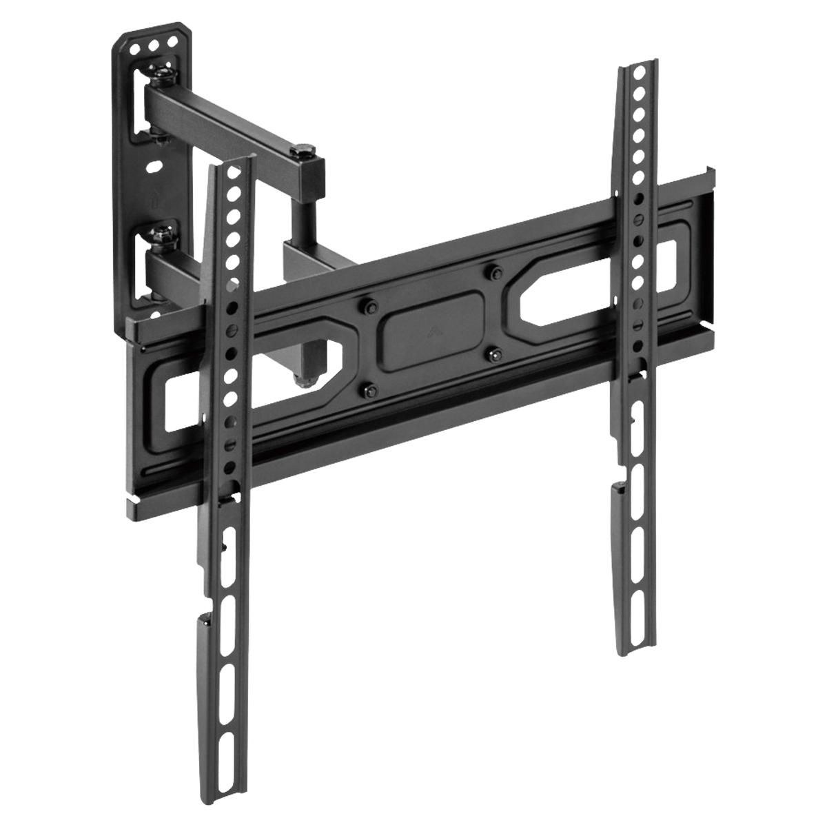 Schwarze, verstellbare TV-Wandhalterung aus Metall mit ausziehbarem Arm.