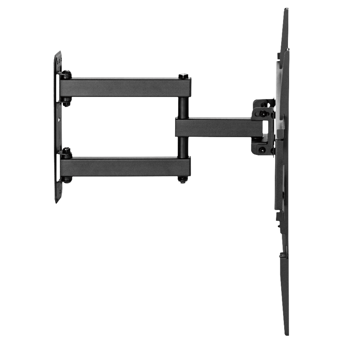 Schwarze Wandhalterung für Fernseher mit schwenkbarem Arm und verstellbarer Platte.
