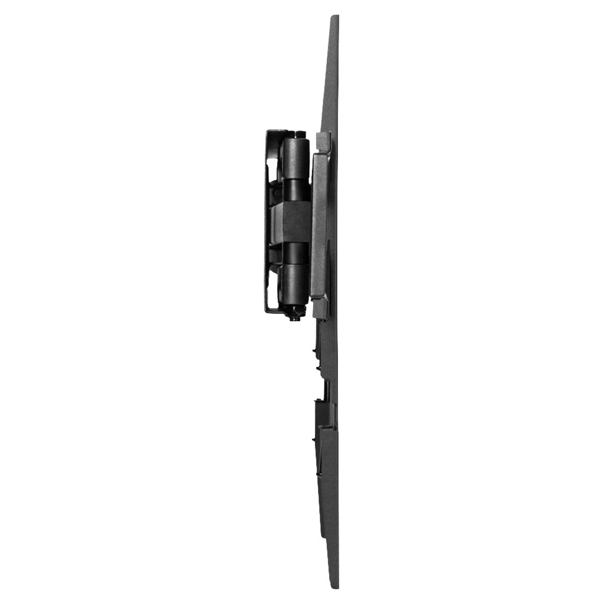 Ein schwarzer Scharnierarm für einen Fernseher, seitlich aufgenommen.