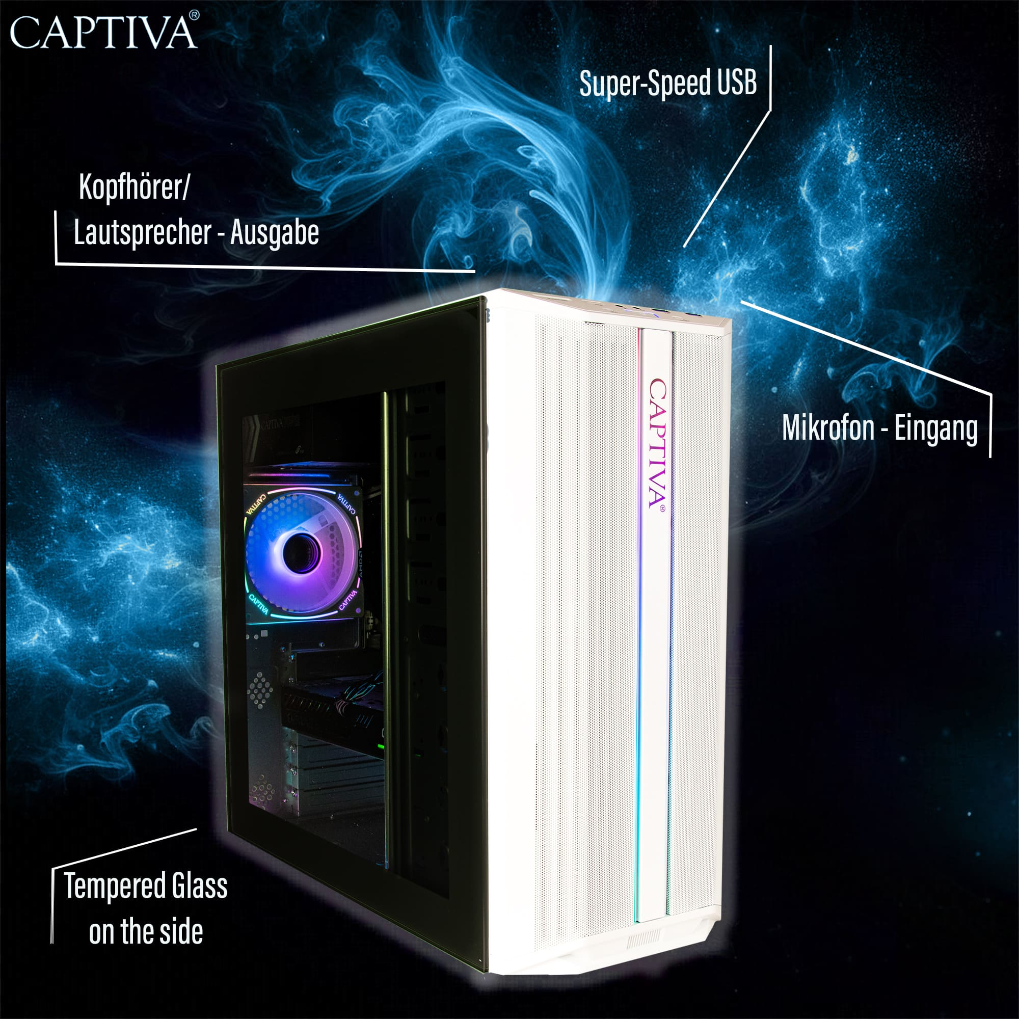 Un boîtier PC Captiva blanc avec fumée bleue et étiquettes.