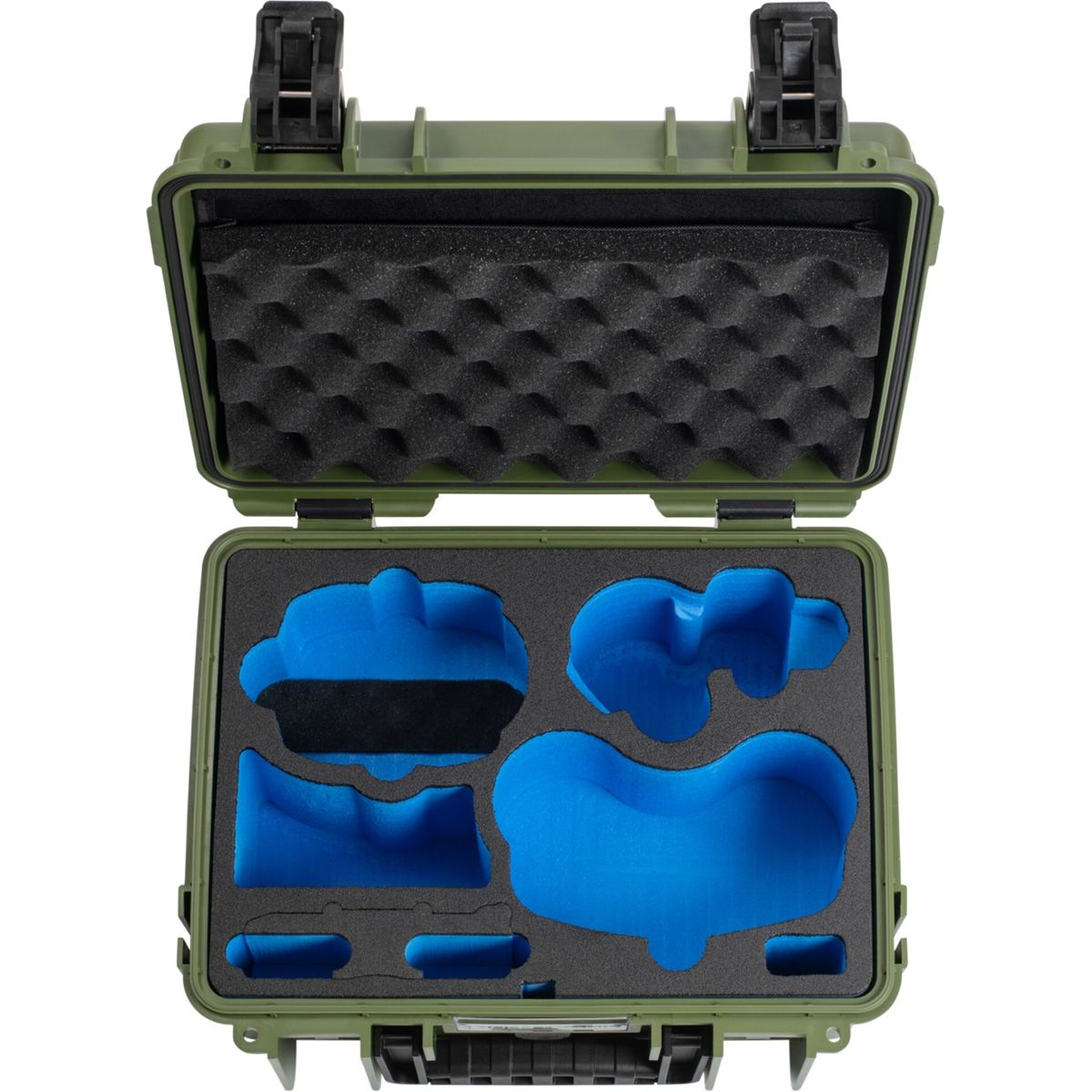 Grüne Schutzbox mit blauem Schaumstoff-Einsatz und schwarzer Schaumstoff-Polsterung.