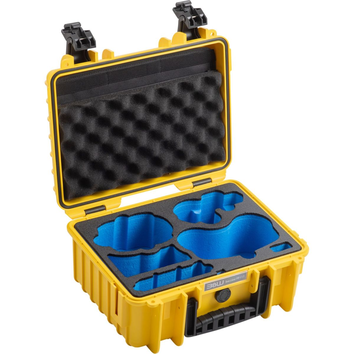 Custodia gialla con inserto in schiuma nero e blu su sfondo bianco.