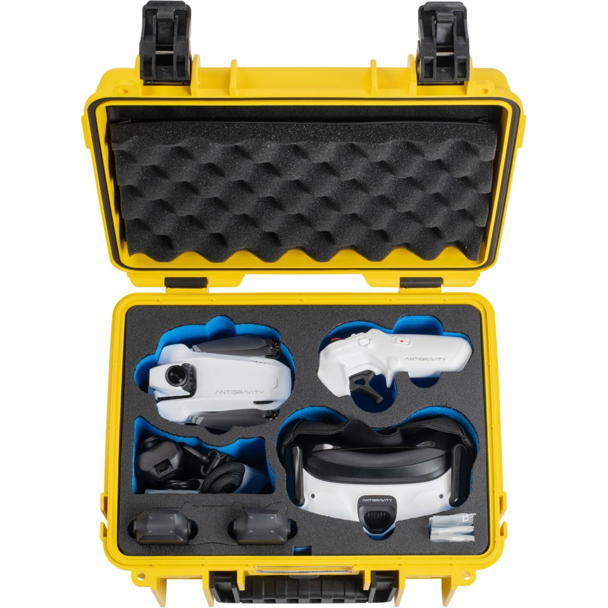 Custodia gialla con drone, controller e occhiali VR in schiuma nera.