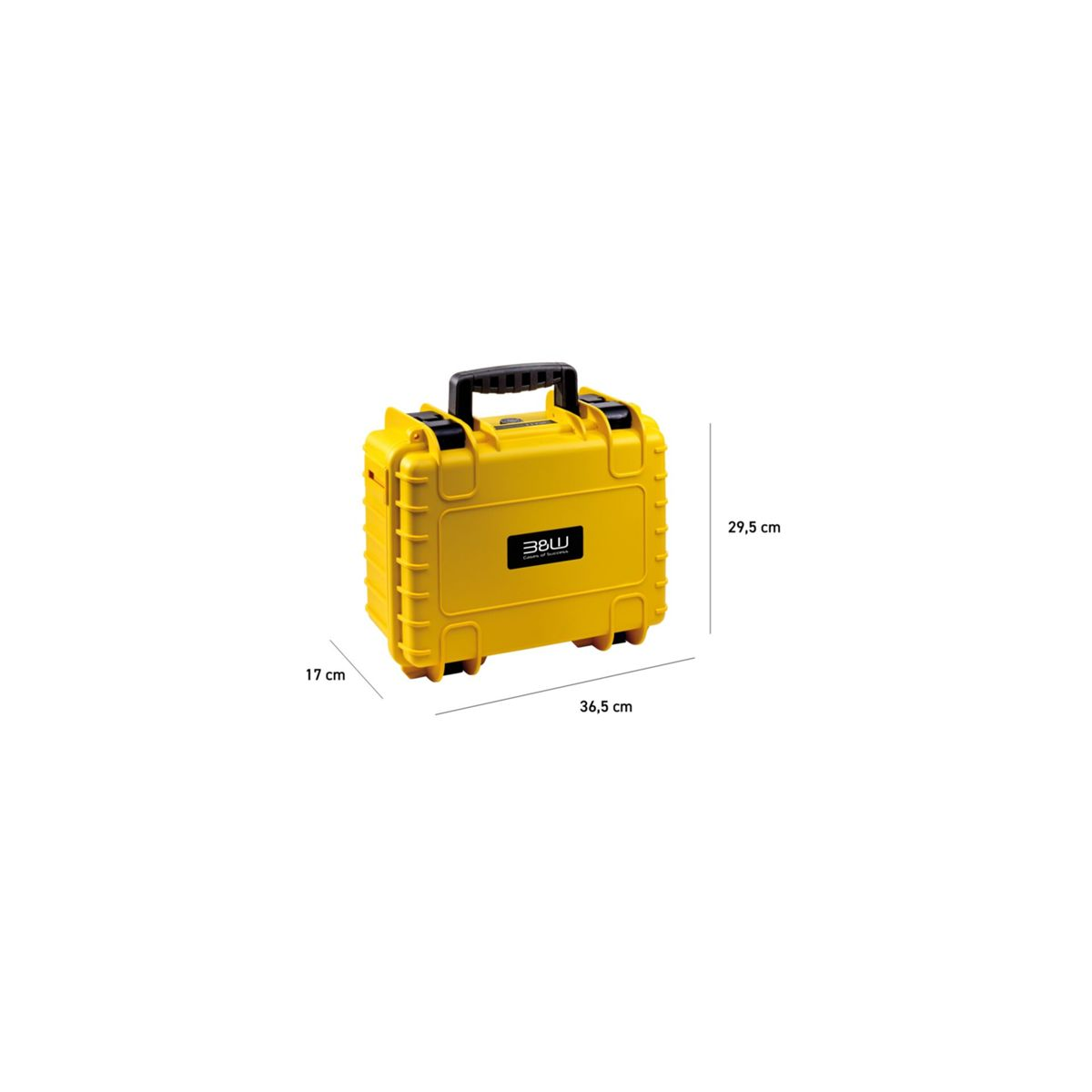 Custodia protettiva gialla B&W con manico nero, dimensioni 36,5 x 17 x 29,5 cm.