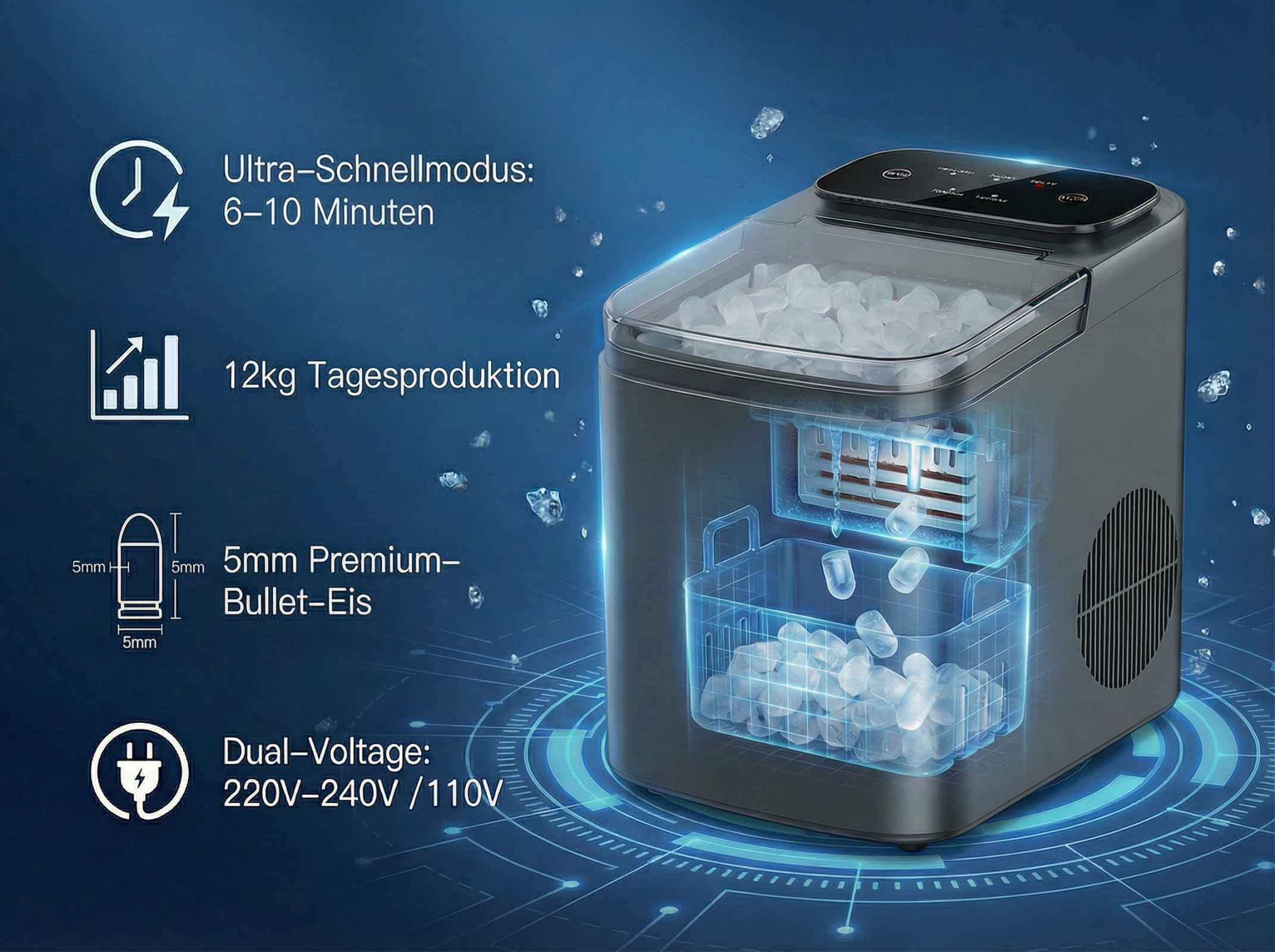 Eismaschine mit transparentem Deckel, Eiswürfeln und technischen Daten.