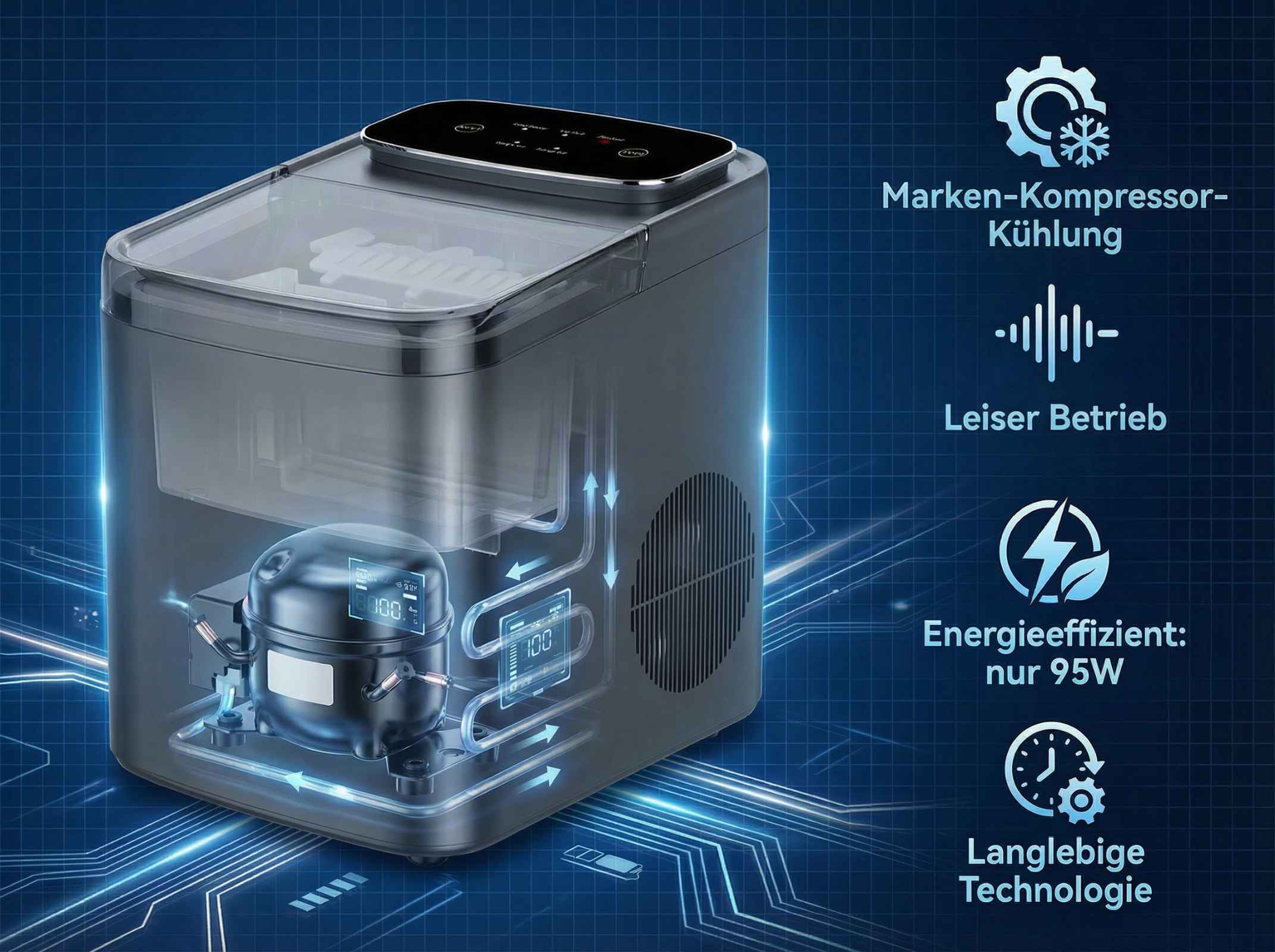 Eiswürfelmaschine mit Kompressor, leise, energieeffizient, langlebig.