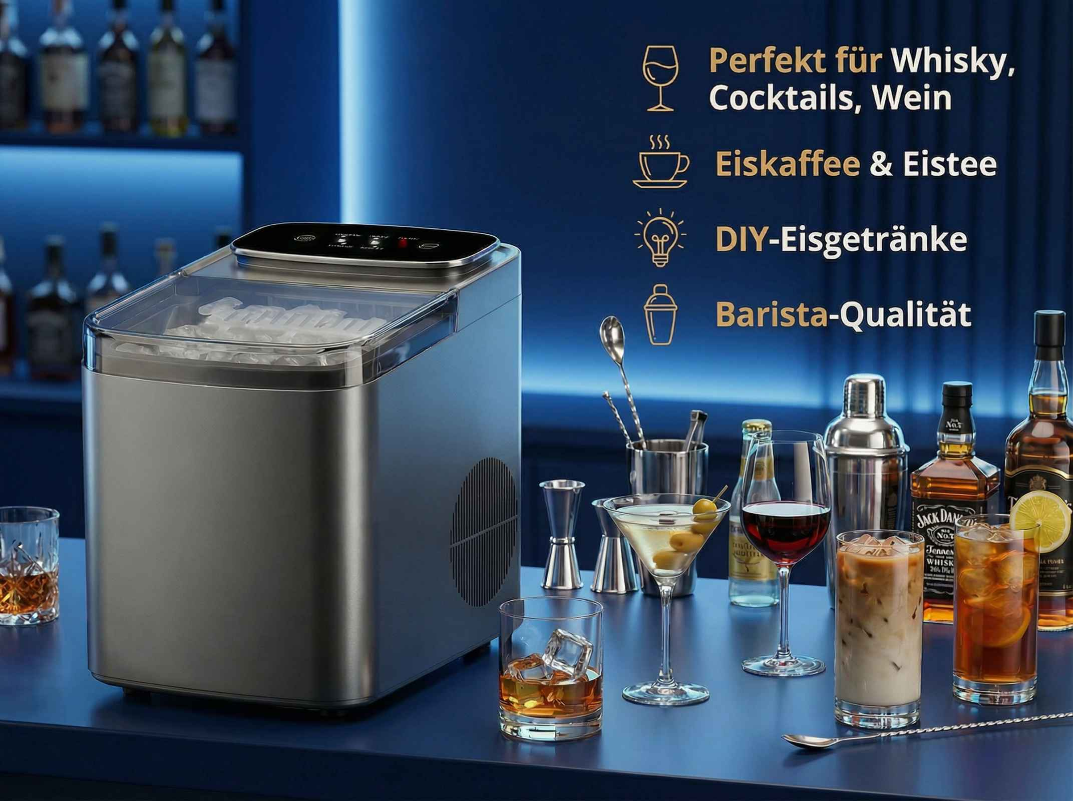 Eismaschine mit Cocktails und Flaschen auf einer Bar. Perfekt für Whisky, Cocktails, Wein.