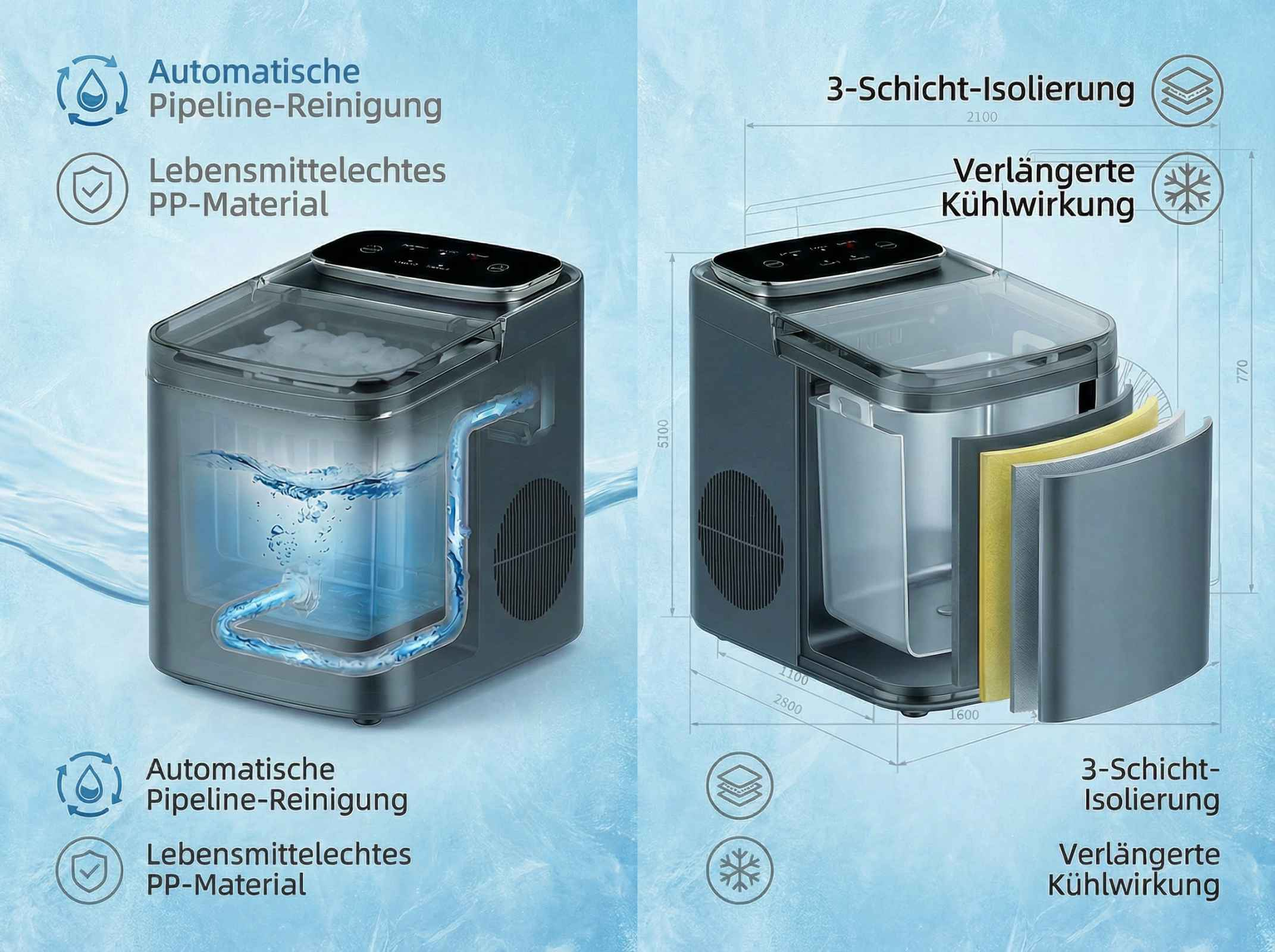 Eiswürfelmaschine mit automatischer Reinigung und 3-Schicht-Isolierung.