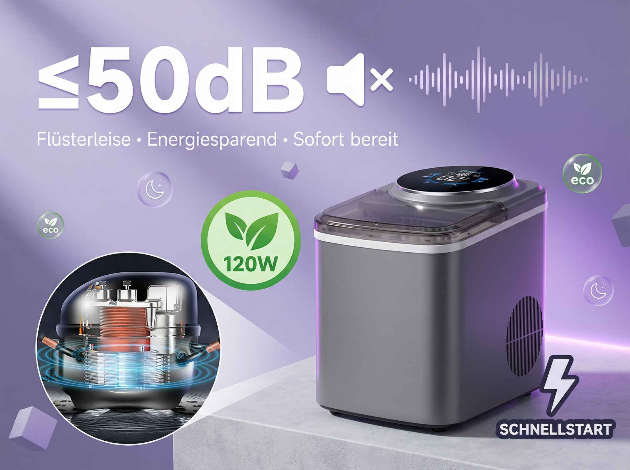 Eiswürfelmaschine mit Kompressor, 120W, leise, energiesparend. Schnellstart.