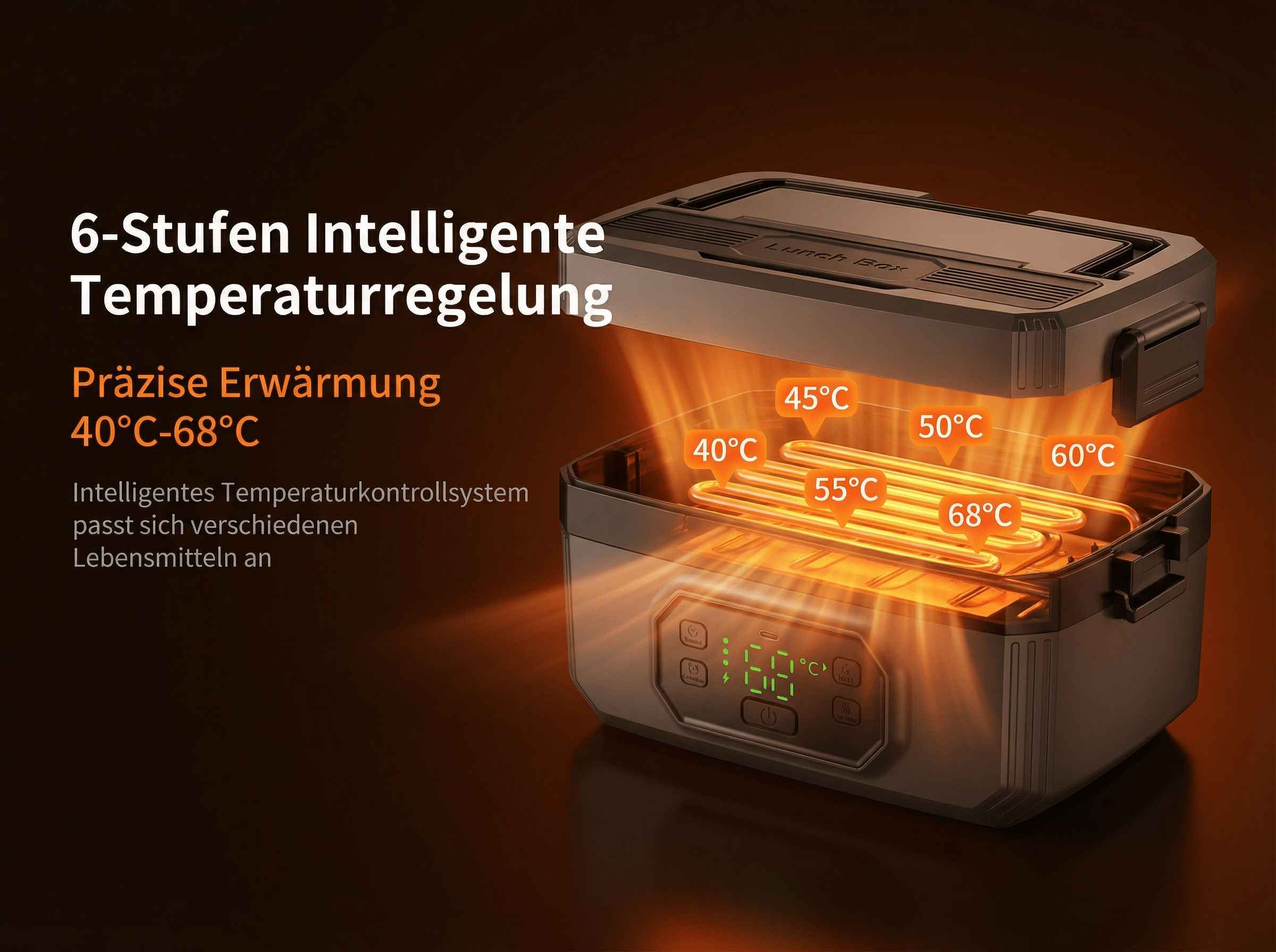 Ein Lunchbox-Erwärmer mit Heizspiralen und Temperaturanzeigen von 40°C bis 68°C.