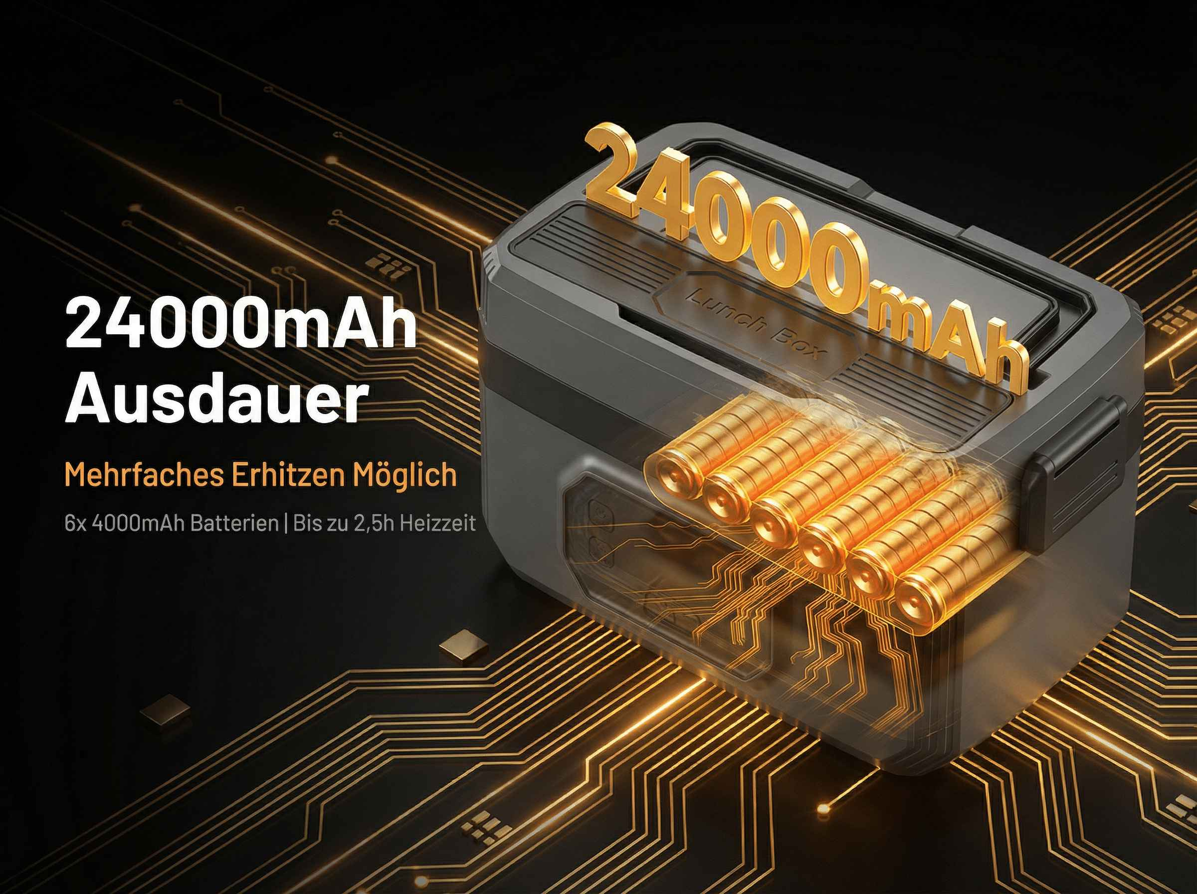 Graue Lunchbox mit 6 goldenen Batterien und "24000mAh" Aufschrift.