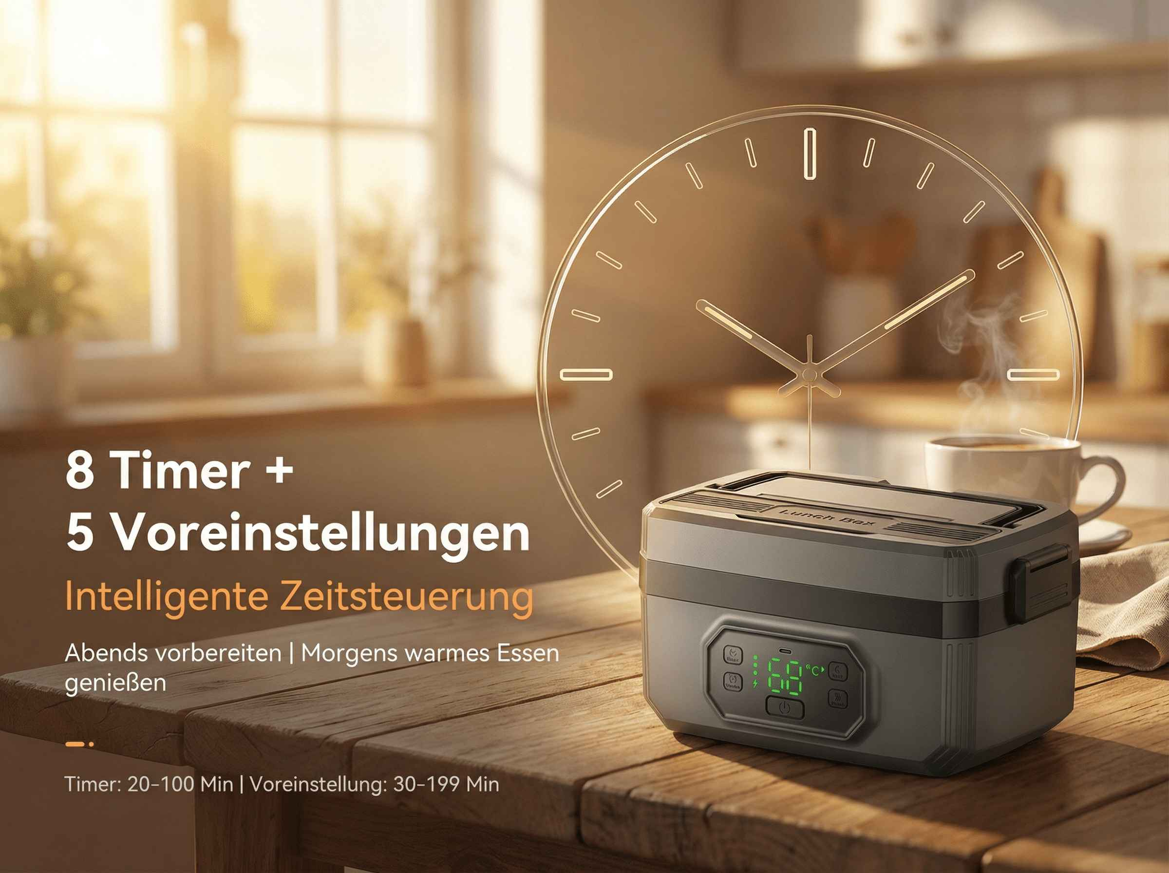 Ein warmer Lunchbox auf einem Holztisch mit einer dampfenden Tasse Kaffee daneben.