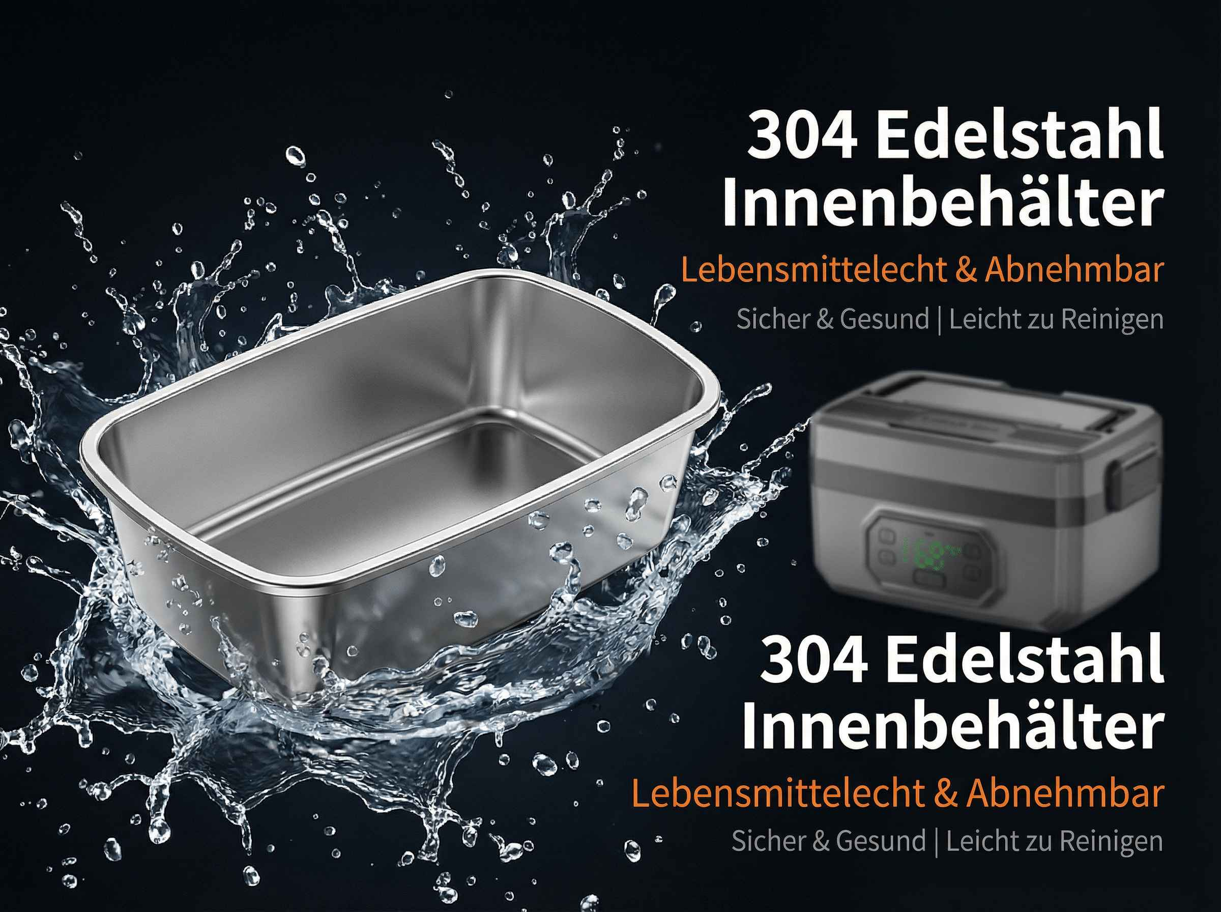 Edelstahlbehälter mit Wasserspritzern und einem Reinigungskasten.