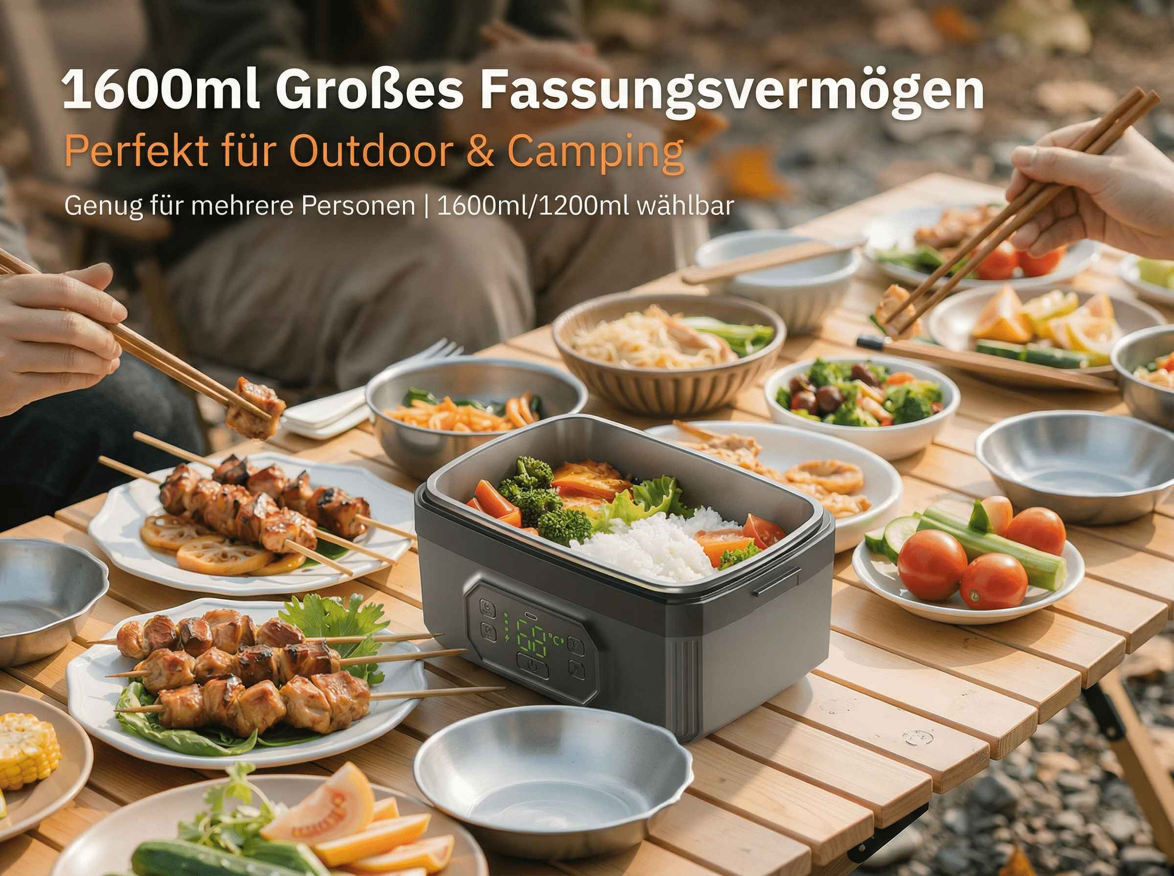 Ein Tisch mit Essen, inklusive Grillspieße, Salat und einem Behälter.
