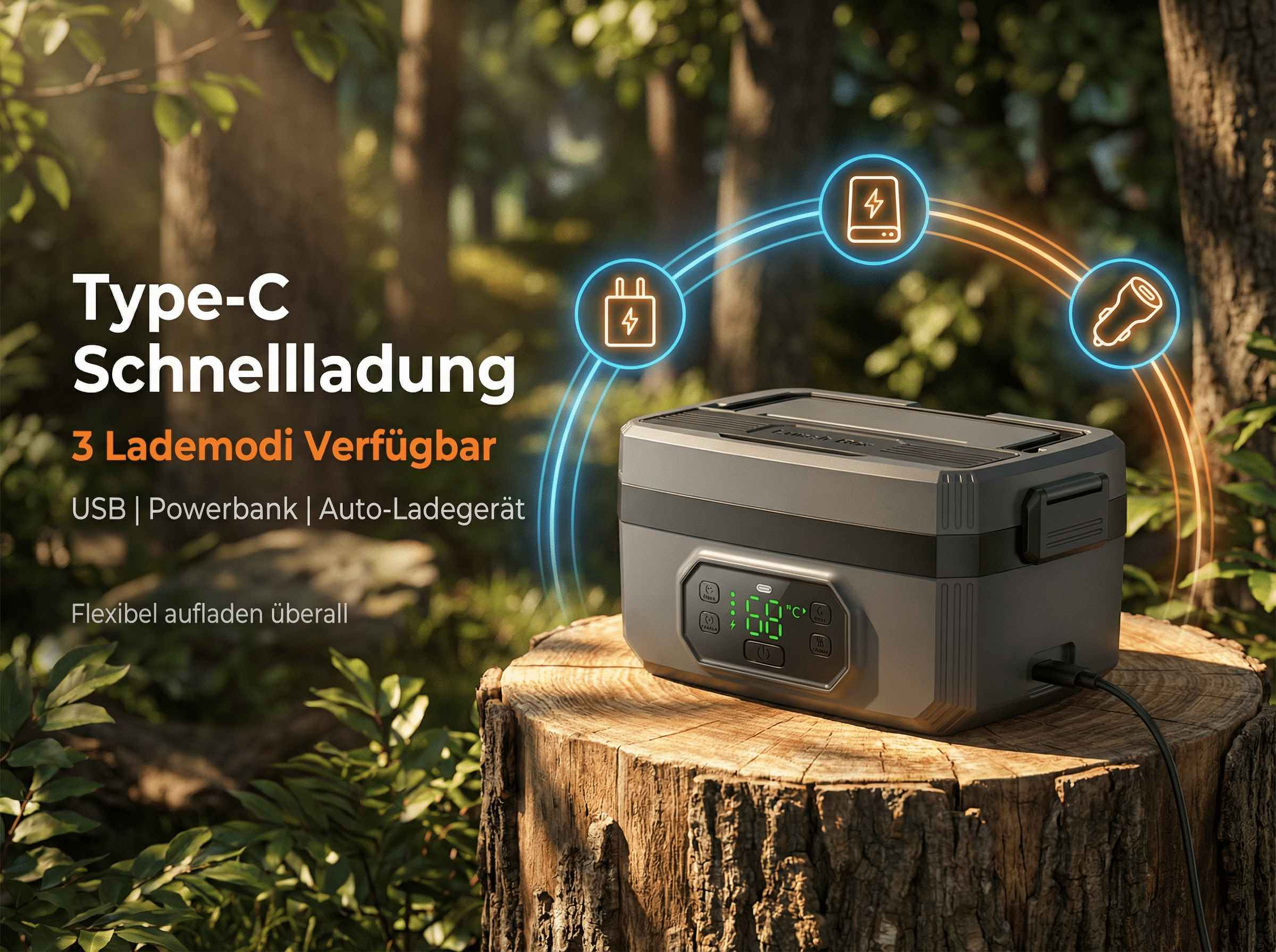 Graues Powerbank-Gerät auf einem Baumstumpf im Wald, mit Ladeanzeige und Symbolen.
