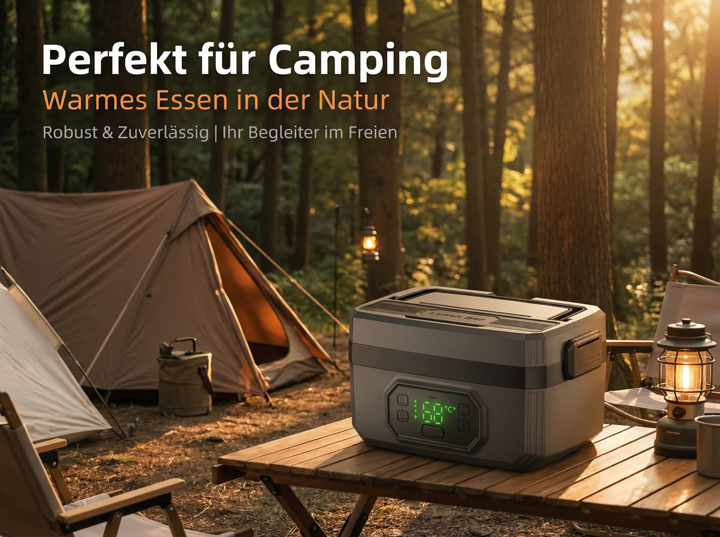 Ein Camping-Lunchbox steht auf einem Holztisch im Wald neben Zelten.