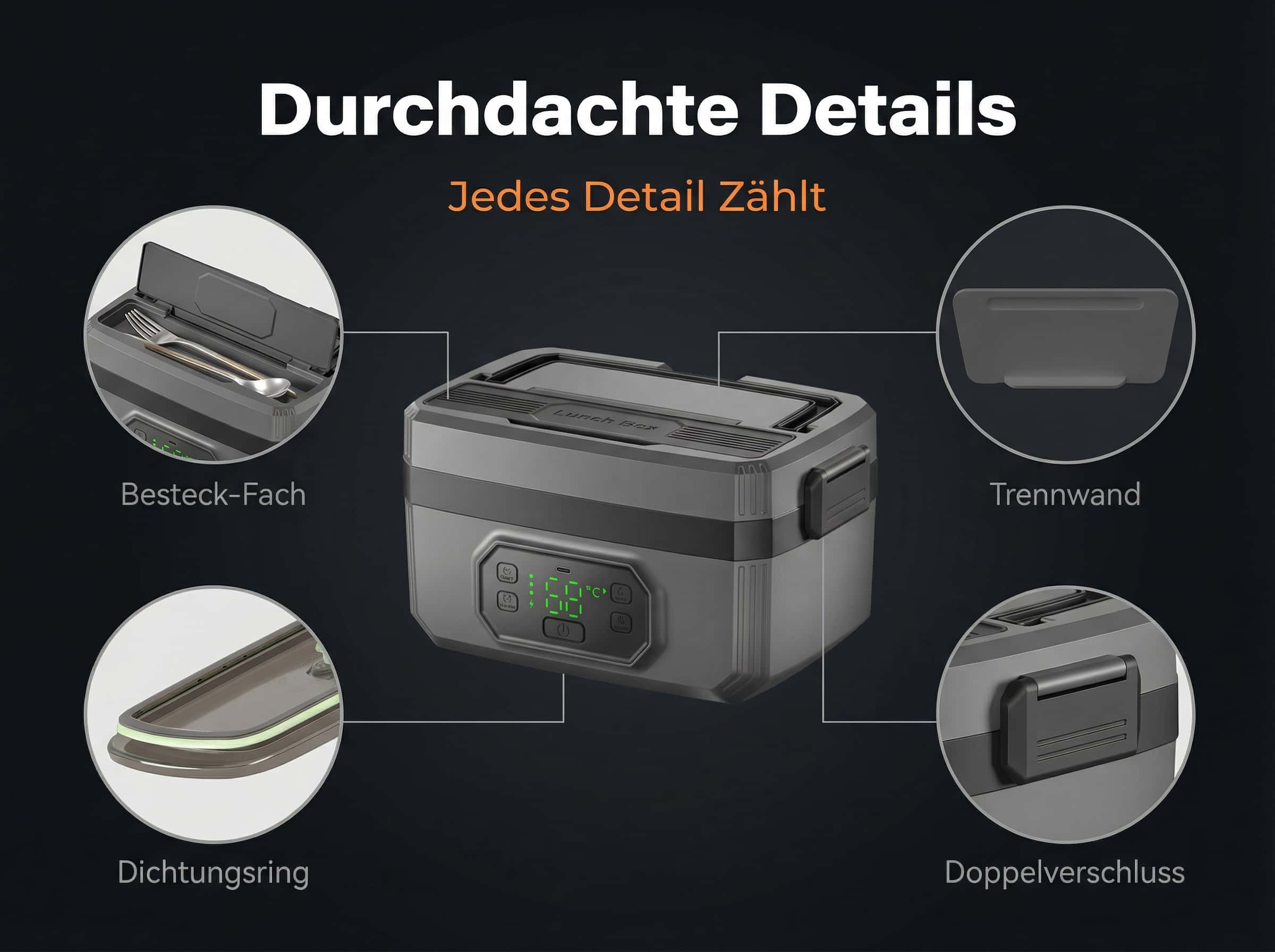 Ein grauer Lunchbox-Prototyp mit Details wie Besteckfach, Trennwand, Dichtungsring und Doppelverschluss.