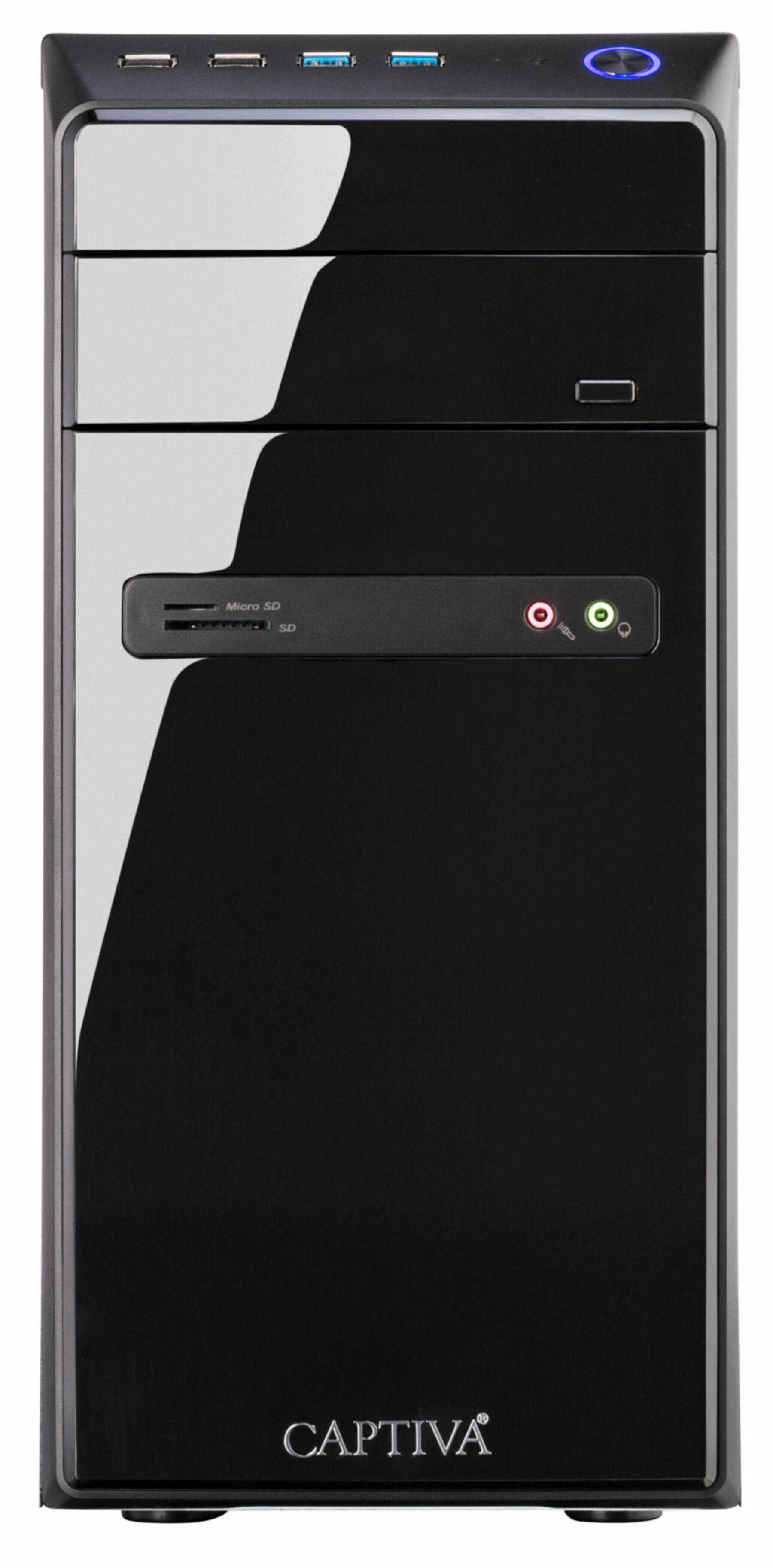 Black computer tower with USB ports, SD card reader, and illuminated power button on top.