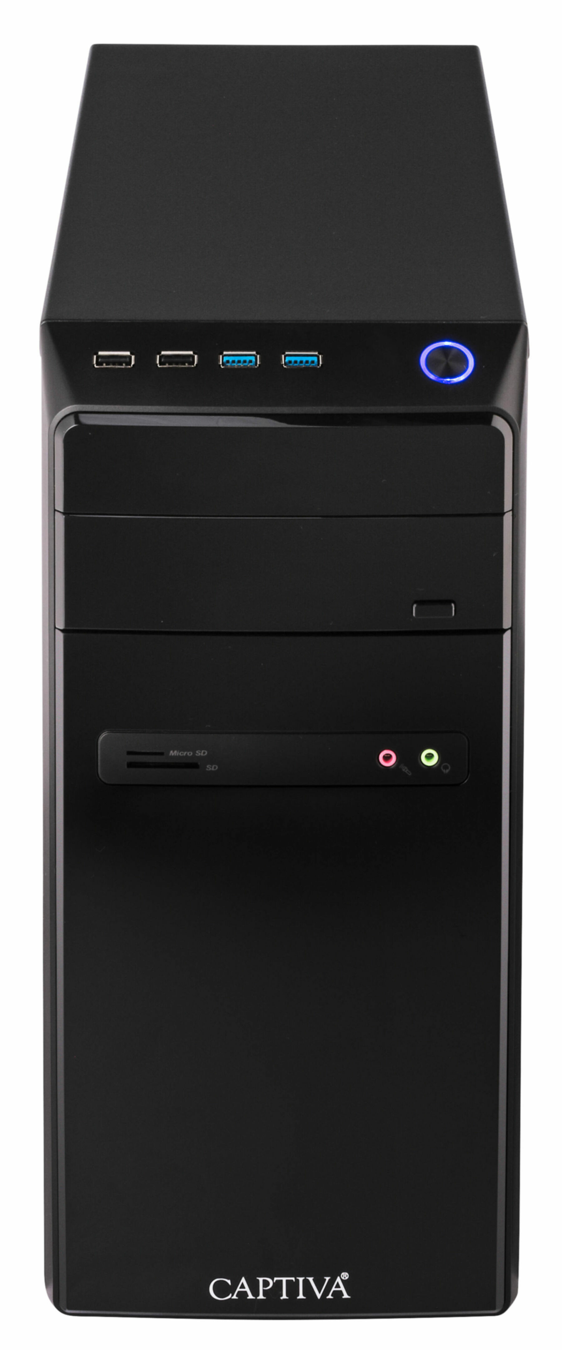 Black computer tower with USB ports, SD card reader, and power button.