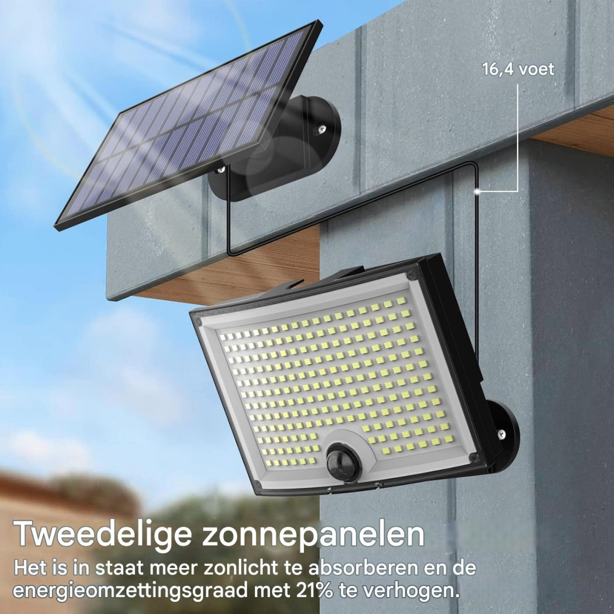 Solarleuchte mit zwei Panels, die an einer Wand montiert sind. Ein Solarpanel ist oben, eine Lampe unten.