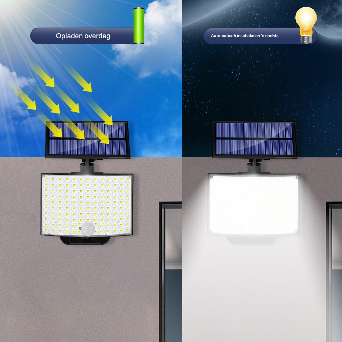 Solarleuchte: tagsüber laden, nachts automatisch einschalten. Helles Licht.