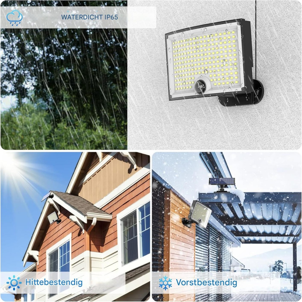 LED-Fluter mit Solarpanel, wasserdicht, hitze- und frostbeständig.