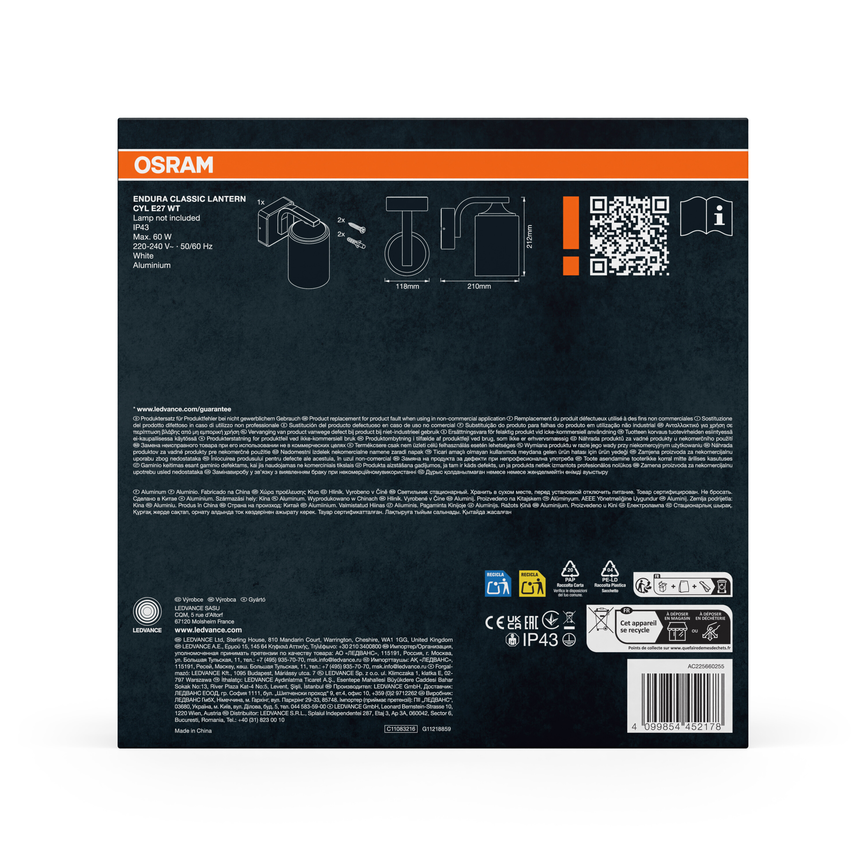 Osram Endura Classic Laterne: Weiß, Aluminium, IP43, 60W, 220-240V.