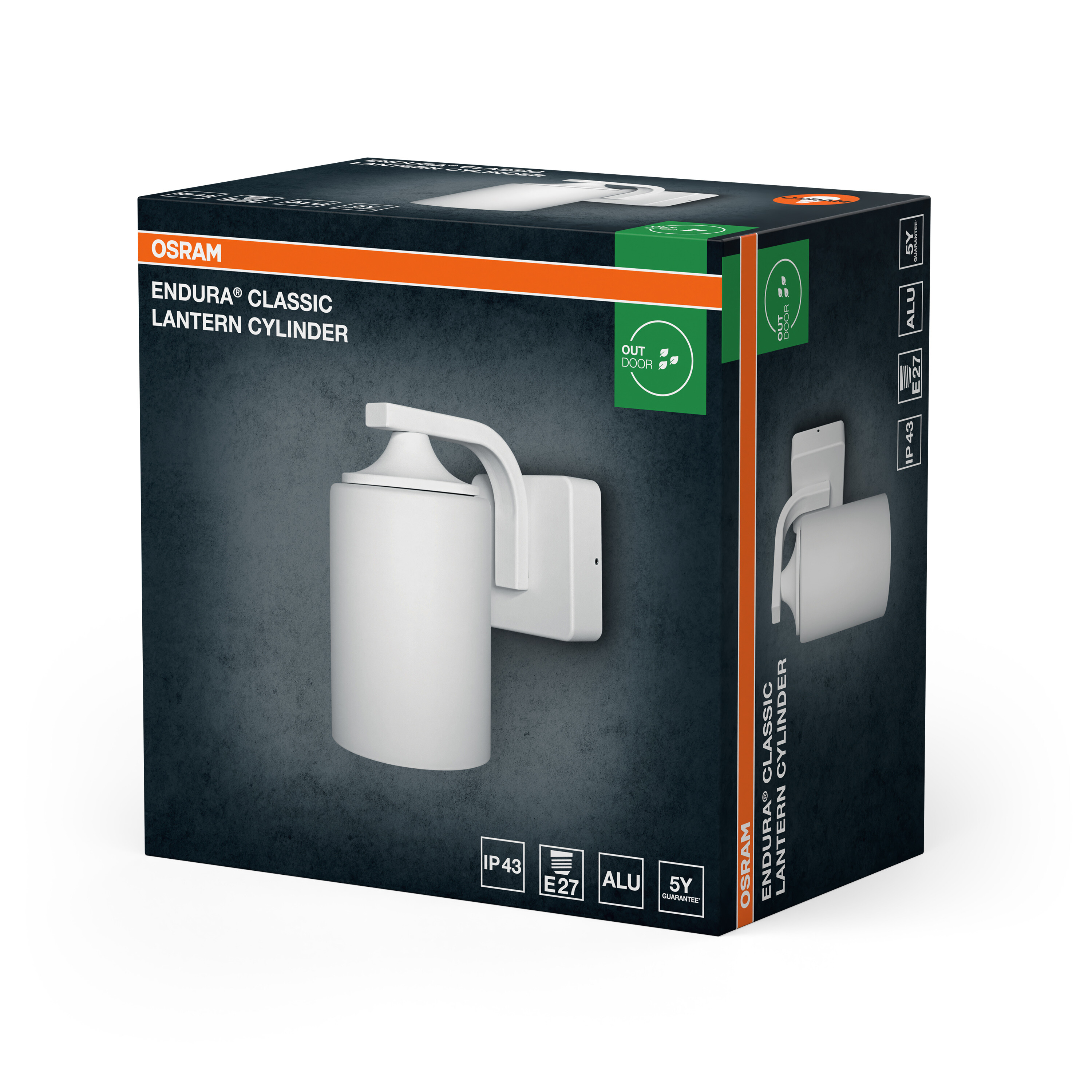 Verpackung einer weißen Osram Endura Classic Laterne mit Produktinfos.