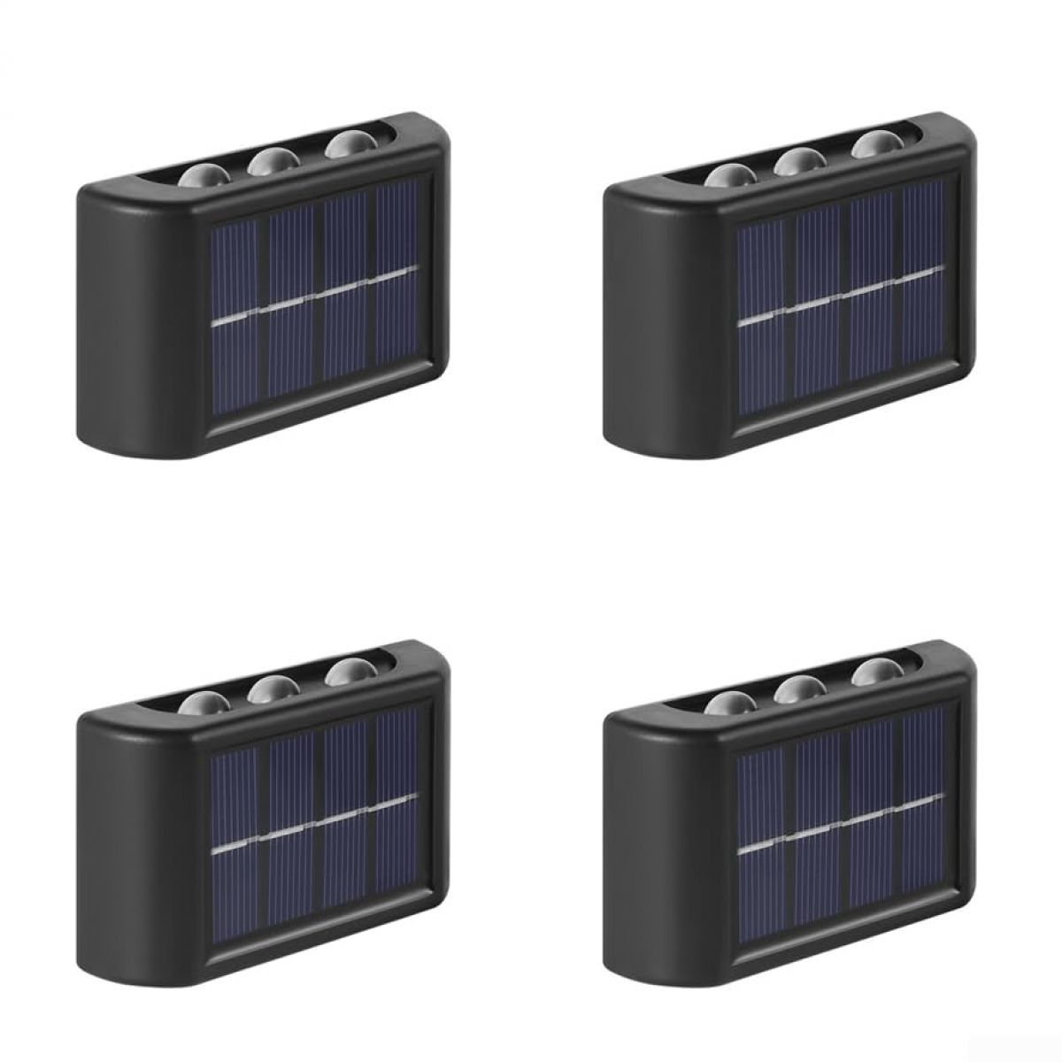 Vier schwarze Solarleuchten mit drei Lampen und Solarmodulen.