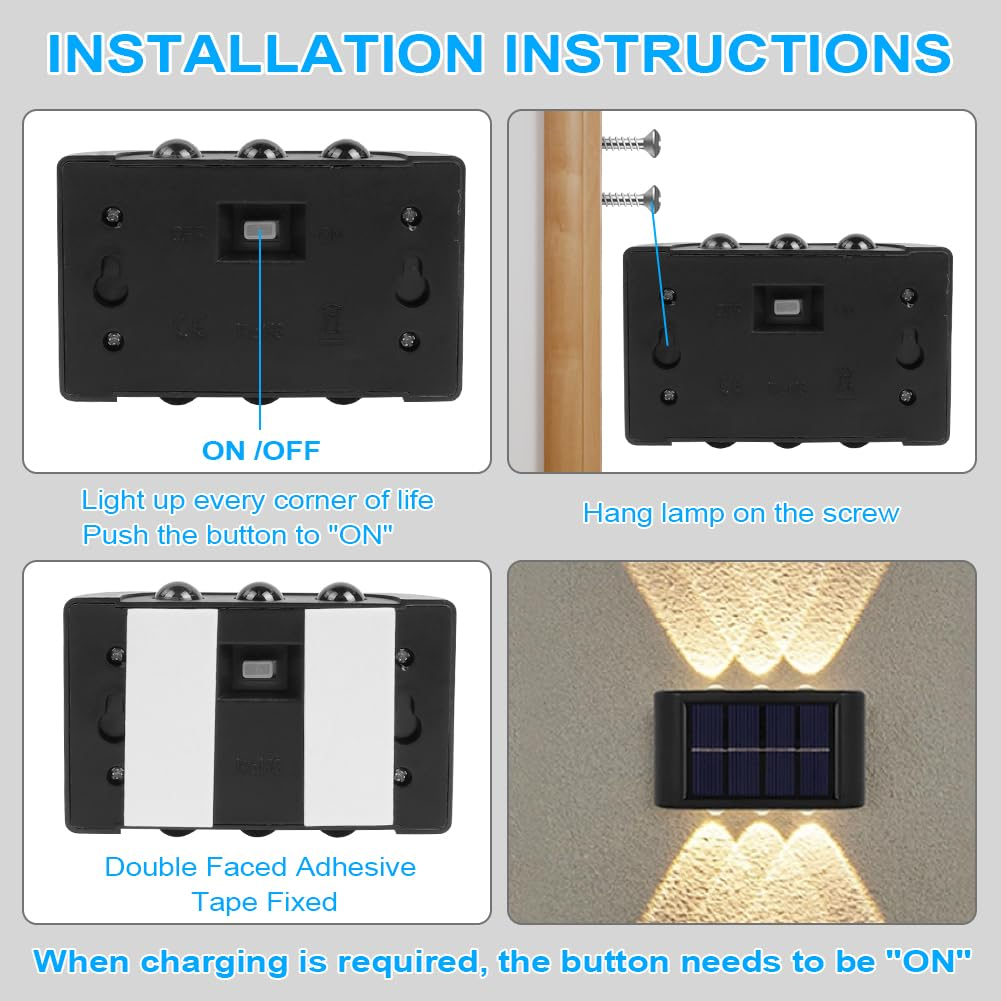 Installationsanleitung: Lichtschalter, Aufhängung, Klebeband, Solarpanel-Leuchte.