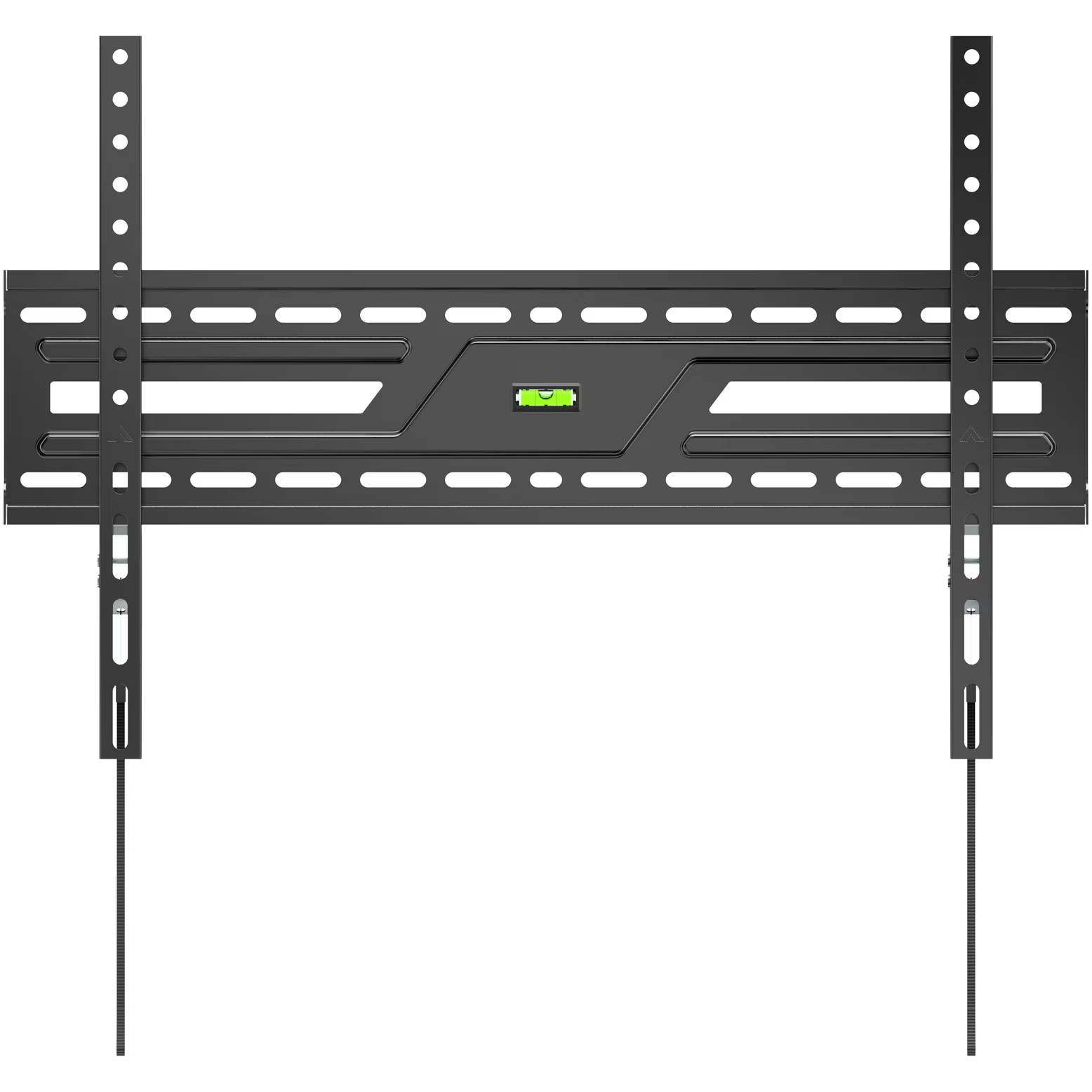 Schwarze TV-Wandhalterung mit integrierter Wasserwaage und verstellbaren Armen.