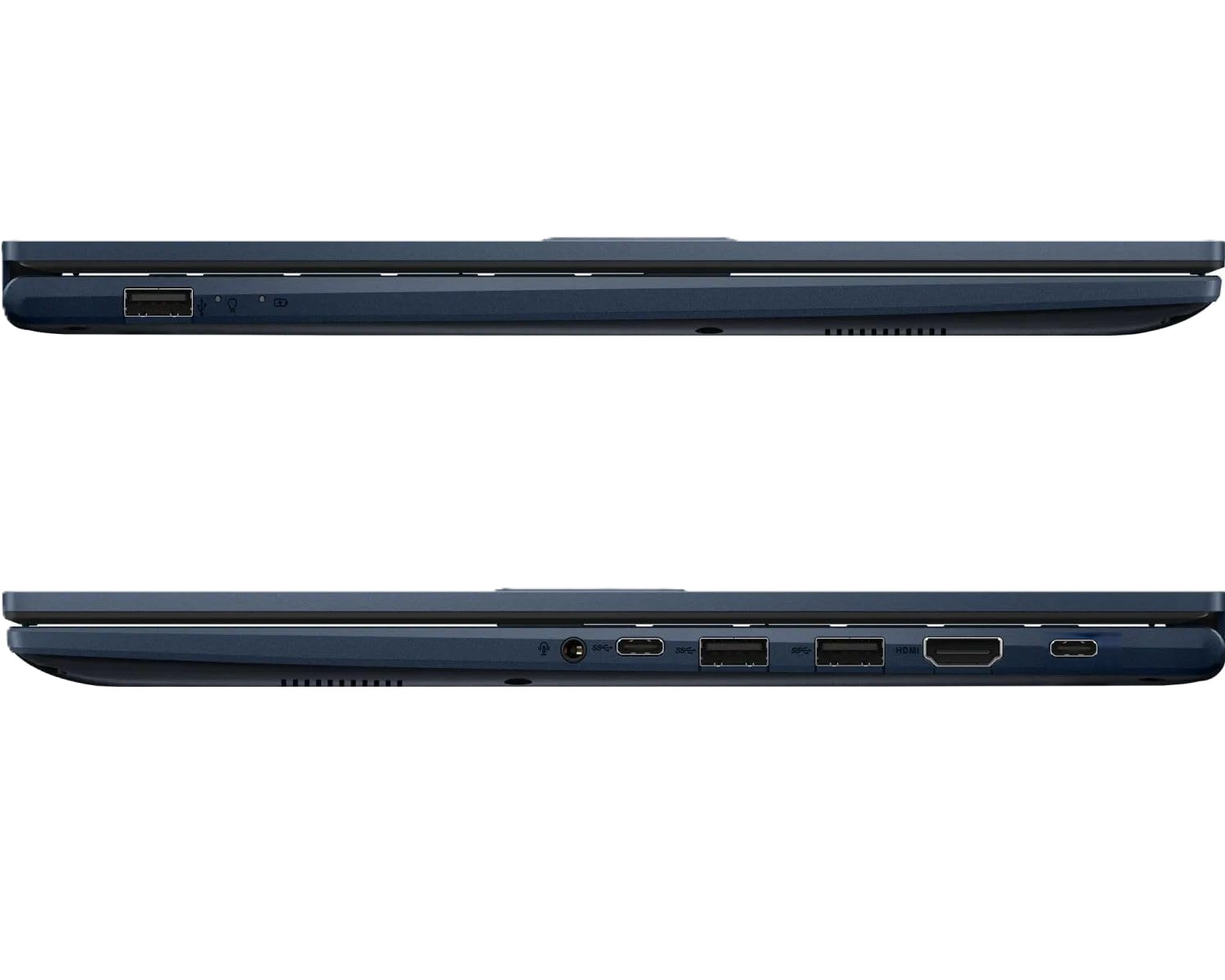 Dunkelblaue Laptops, Seite mit Anschlüssen: USB, HDMI, Kopfhörer.