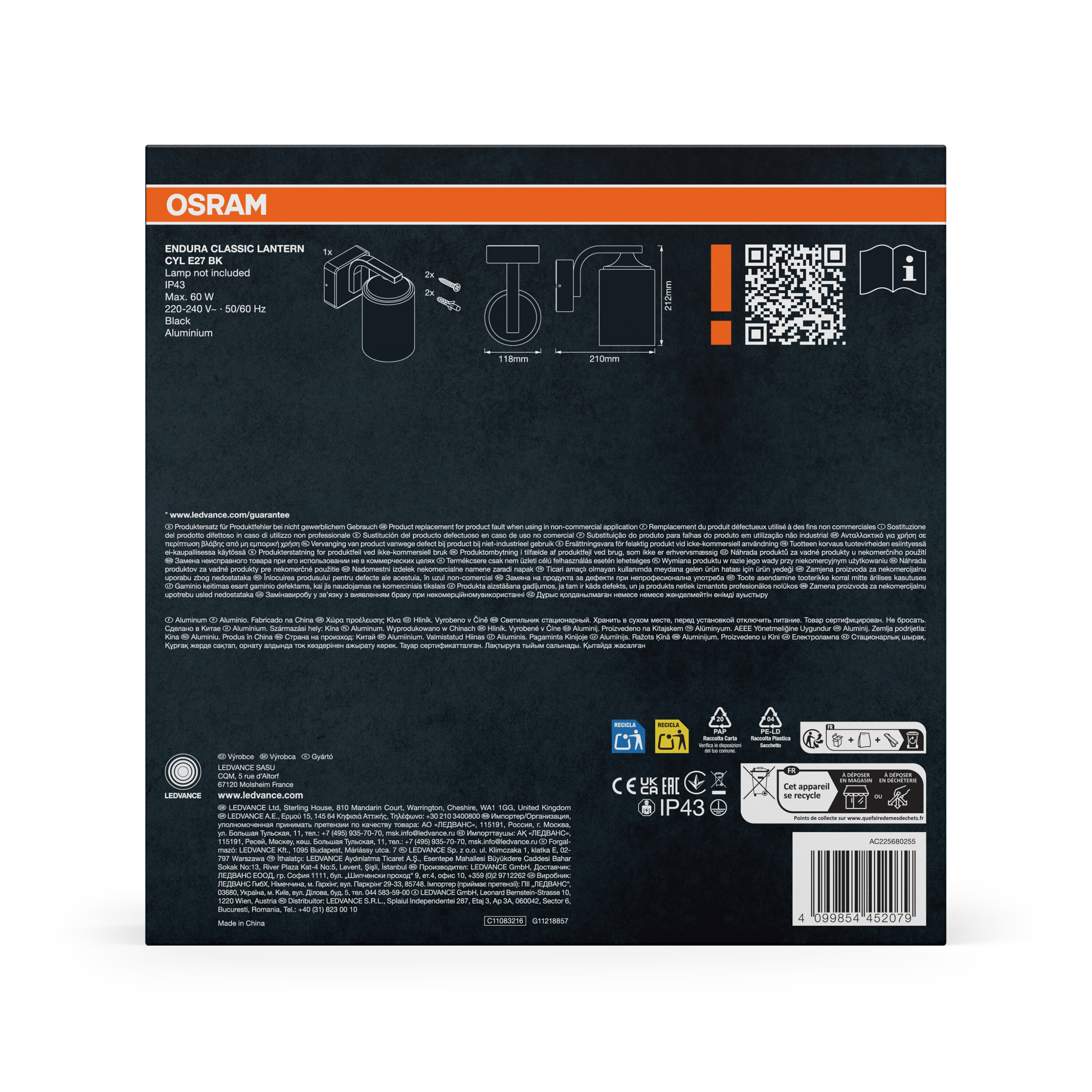 Osram Endura Classic Laterne, Aluminium, schwarz, 60W, IP43.