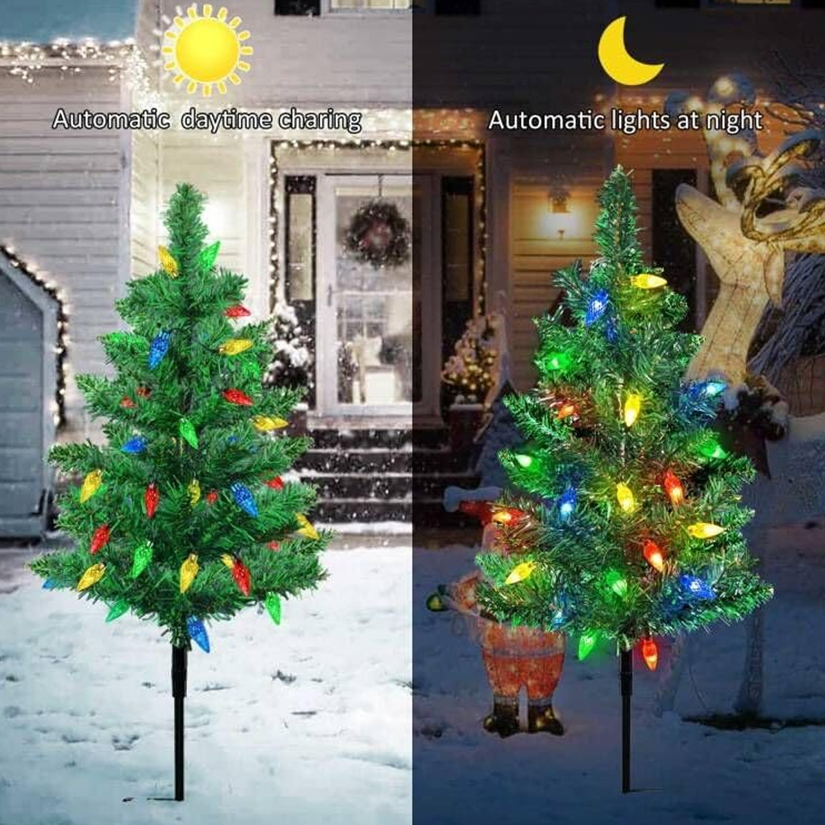Weihnachtsbaum mit bunten Lichtern, tagsüber und nachts vor einem Haus.