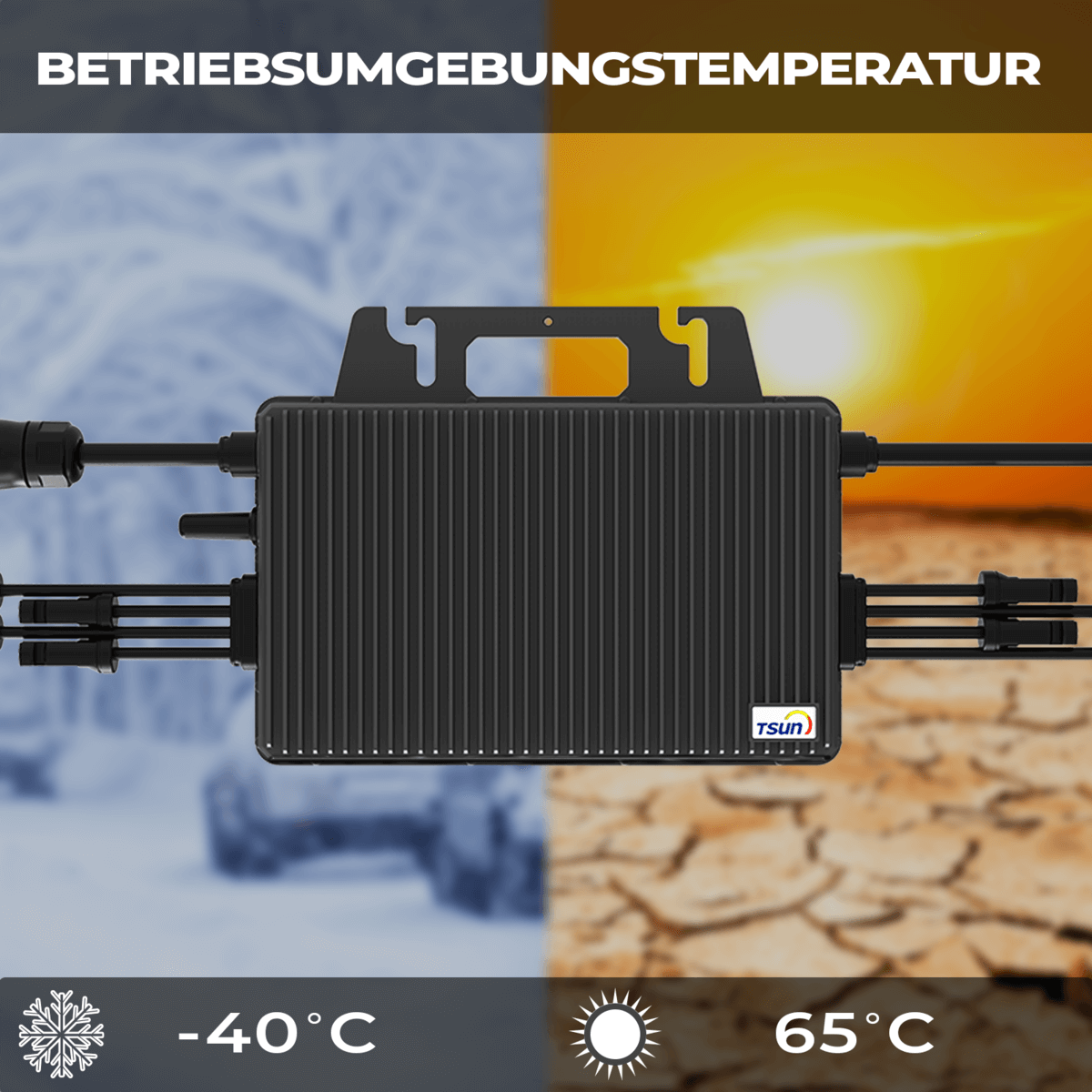 Schwarzes Gerät zeigt Betriebstemperatur von -40°C bis 65°C.