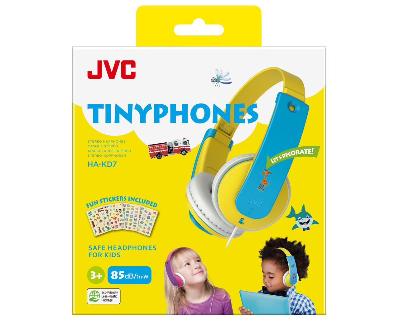 Słuchawki JVC Tinyphones dla dzieci, żółto-niebieskie, z naklejkami i dwoma dziećmi.