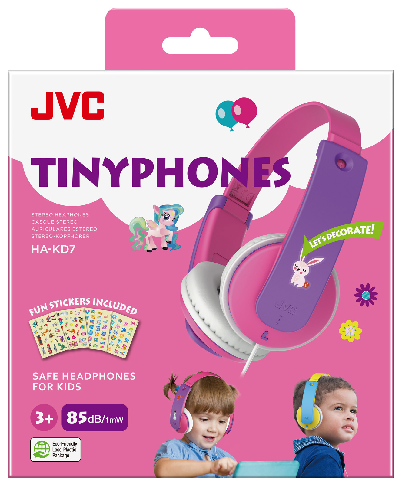 Pudełko słuchawek JVC Tinyphones z dziećmi, naklejkami i motywem kucyka.