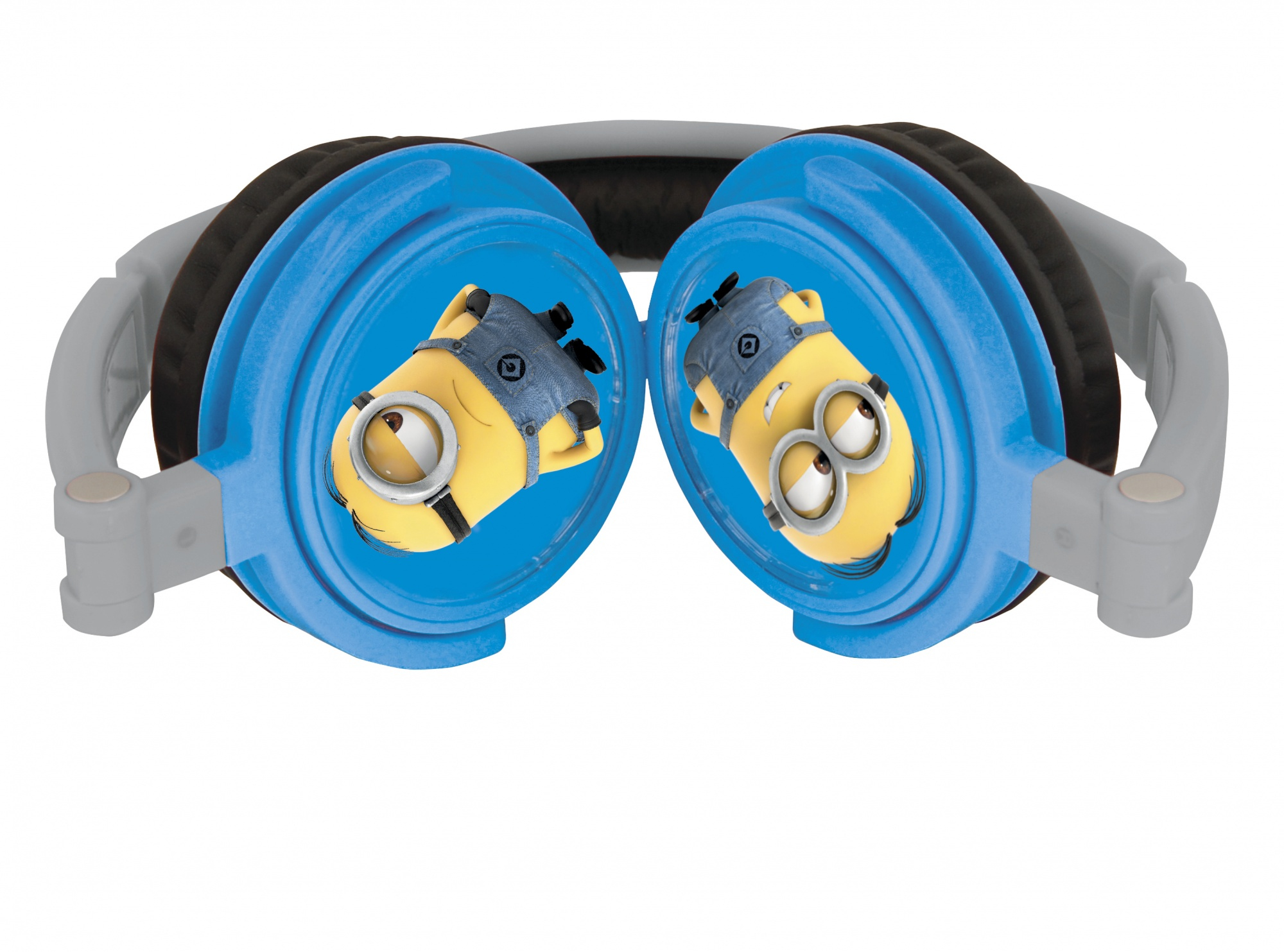 Blaue Kopfhörer mit Minion-Motiven. Grauer Bügel, schwarze Ohrpolster.