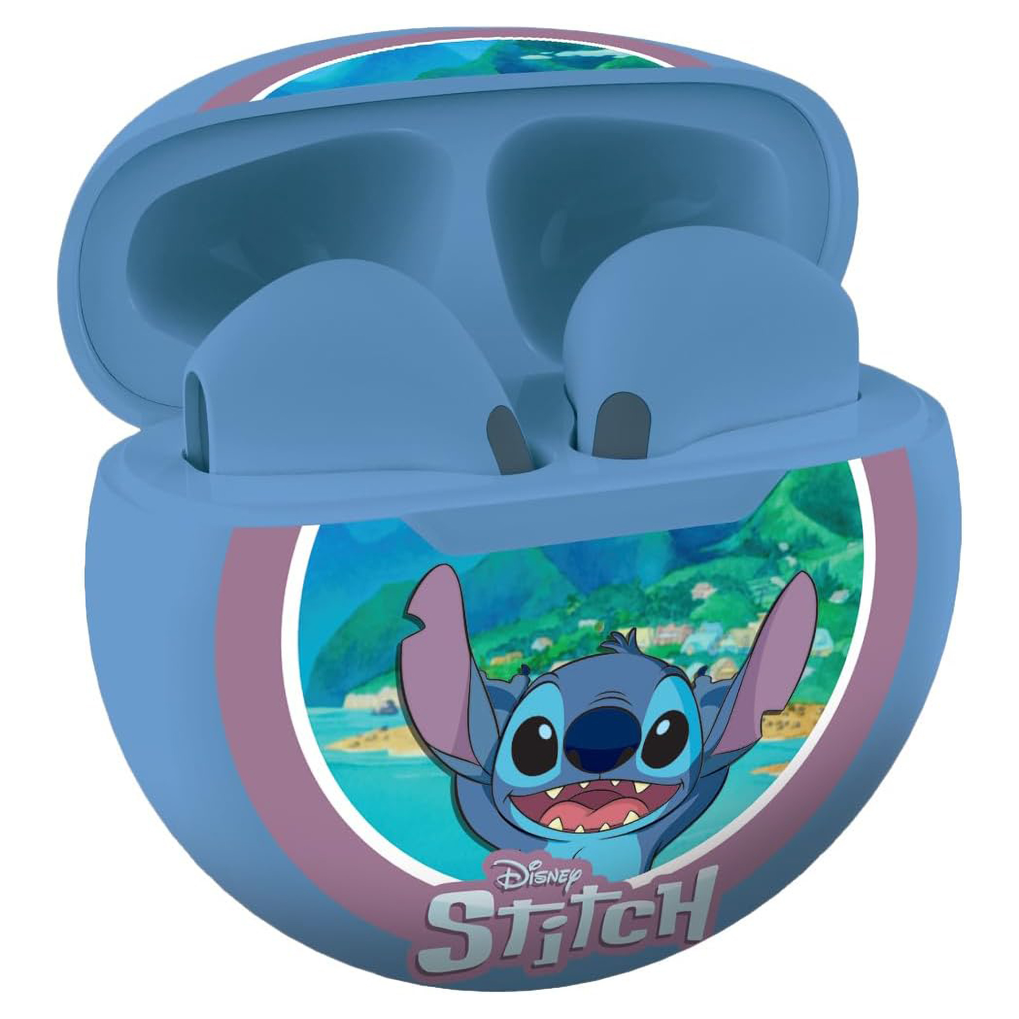 Blaue Kopfhörerhülle mit Stich-Motiv und Landschaft im Hintergrund.