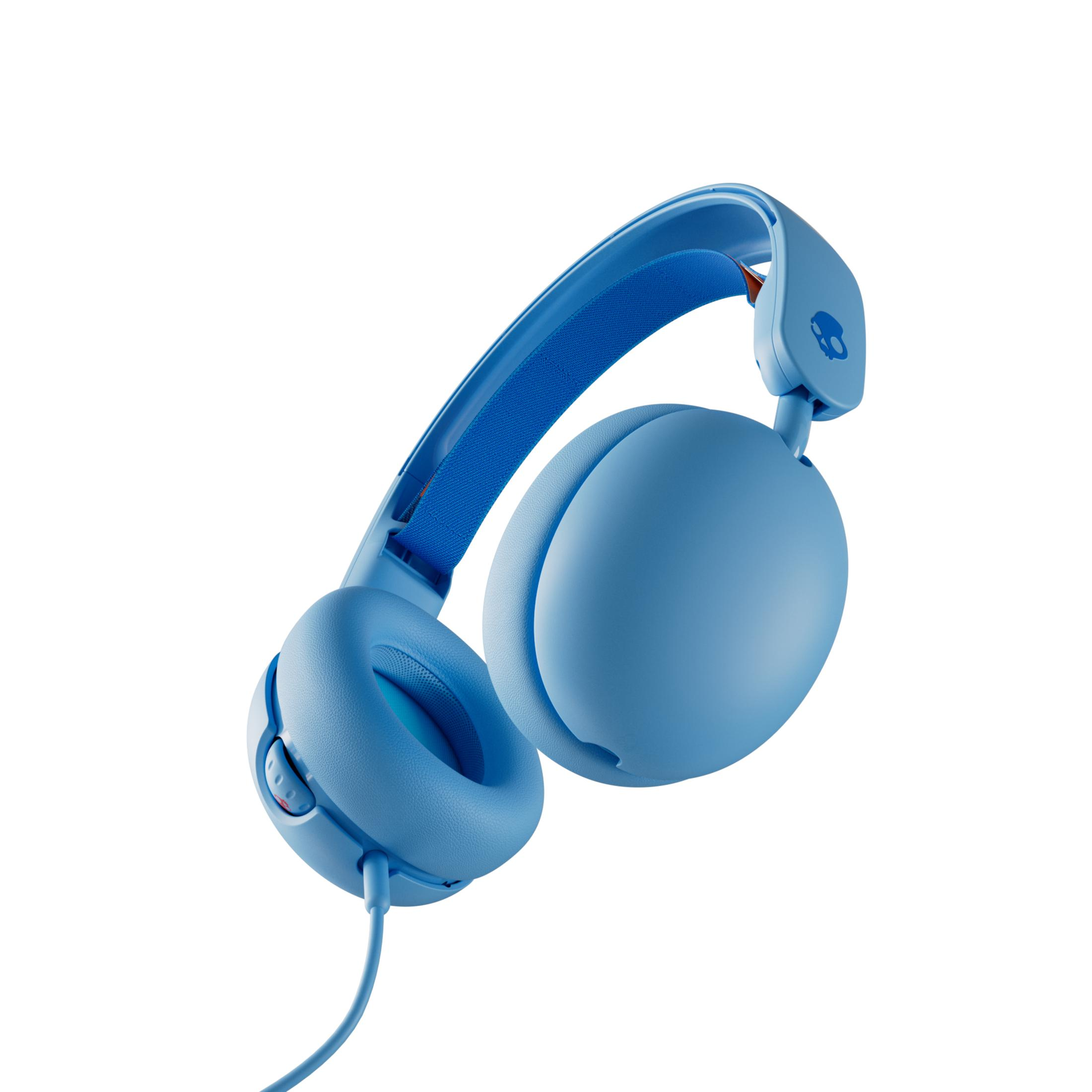 Auriculares azul claro con diadema acolchada y orejeras redondas. Logo Skullcandy.