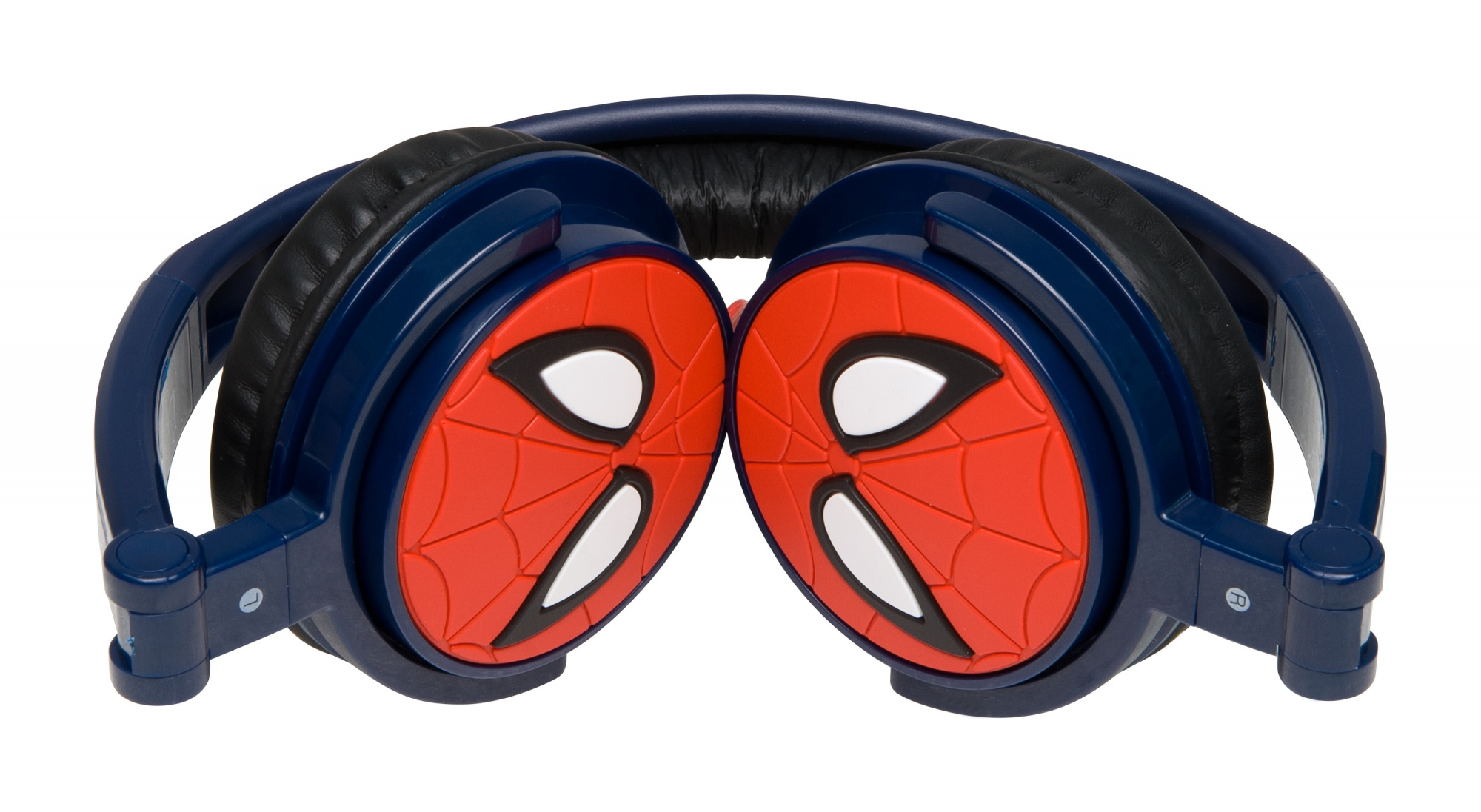 Blaue Kopfhörer mit roten Spiderman-Ohrmuscheln und schwarzen Polstern.