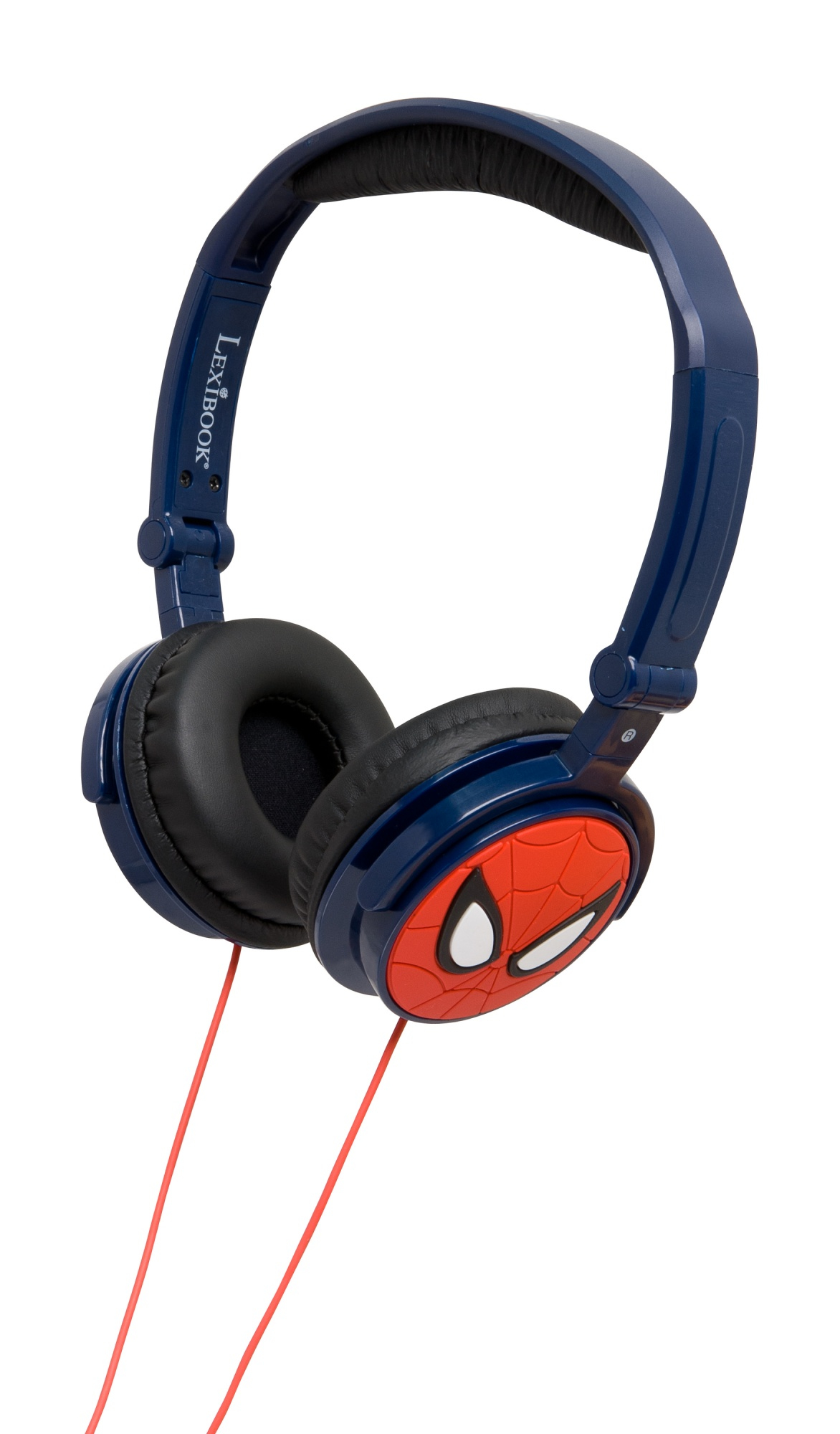 Blaue Kopfhörer mit Spiderman-Design und rotem Kabel.