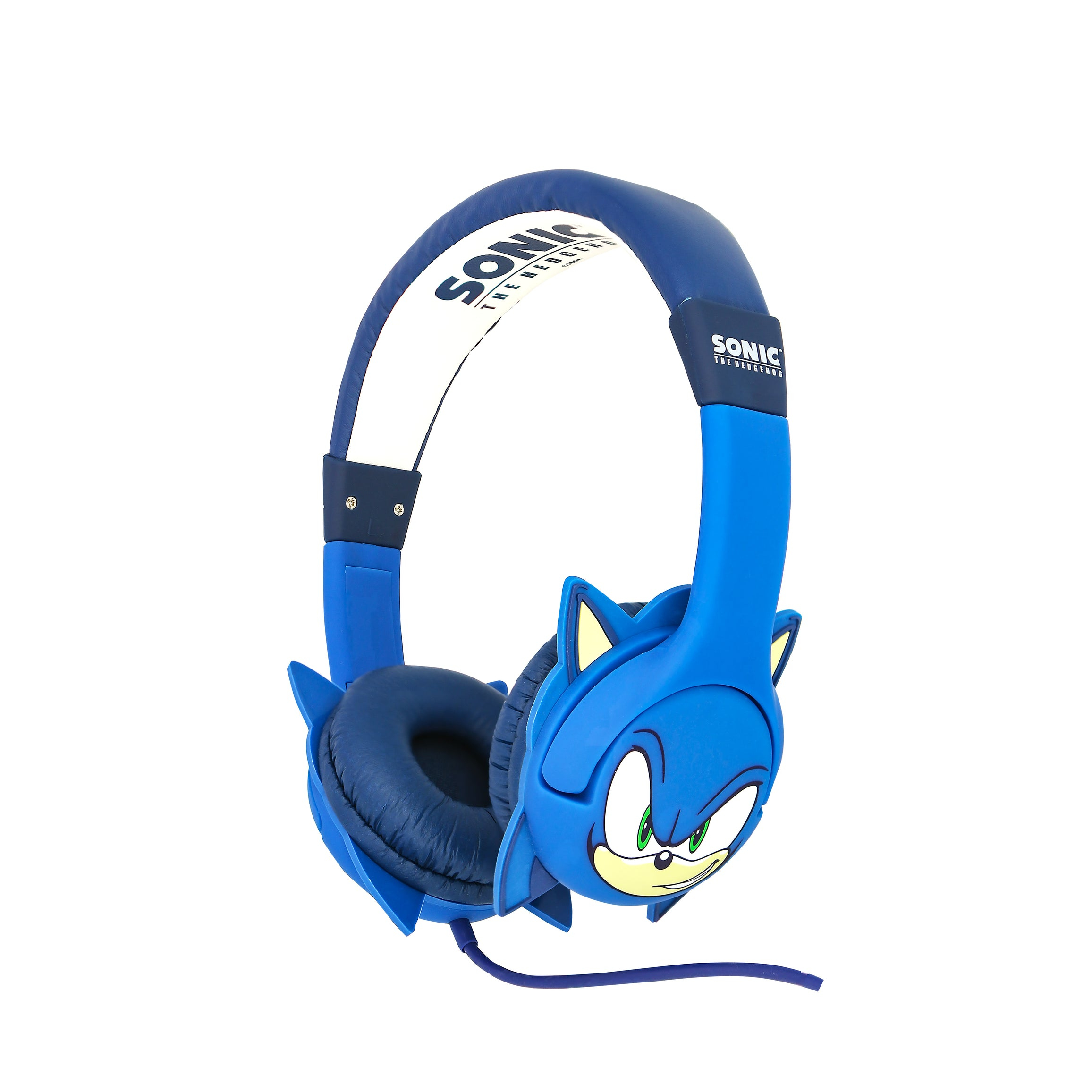 Auriculares azules de Sonic con la cara de Sonic en las orejeras.