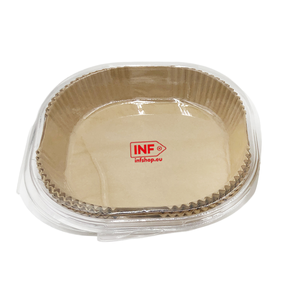 Bruine bakvorm met transparante deksel en rood INF-logo.