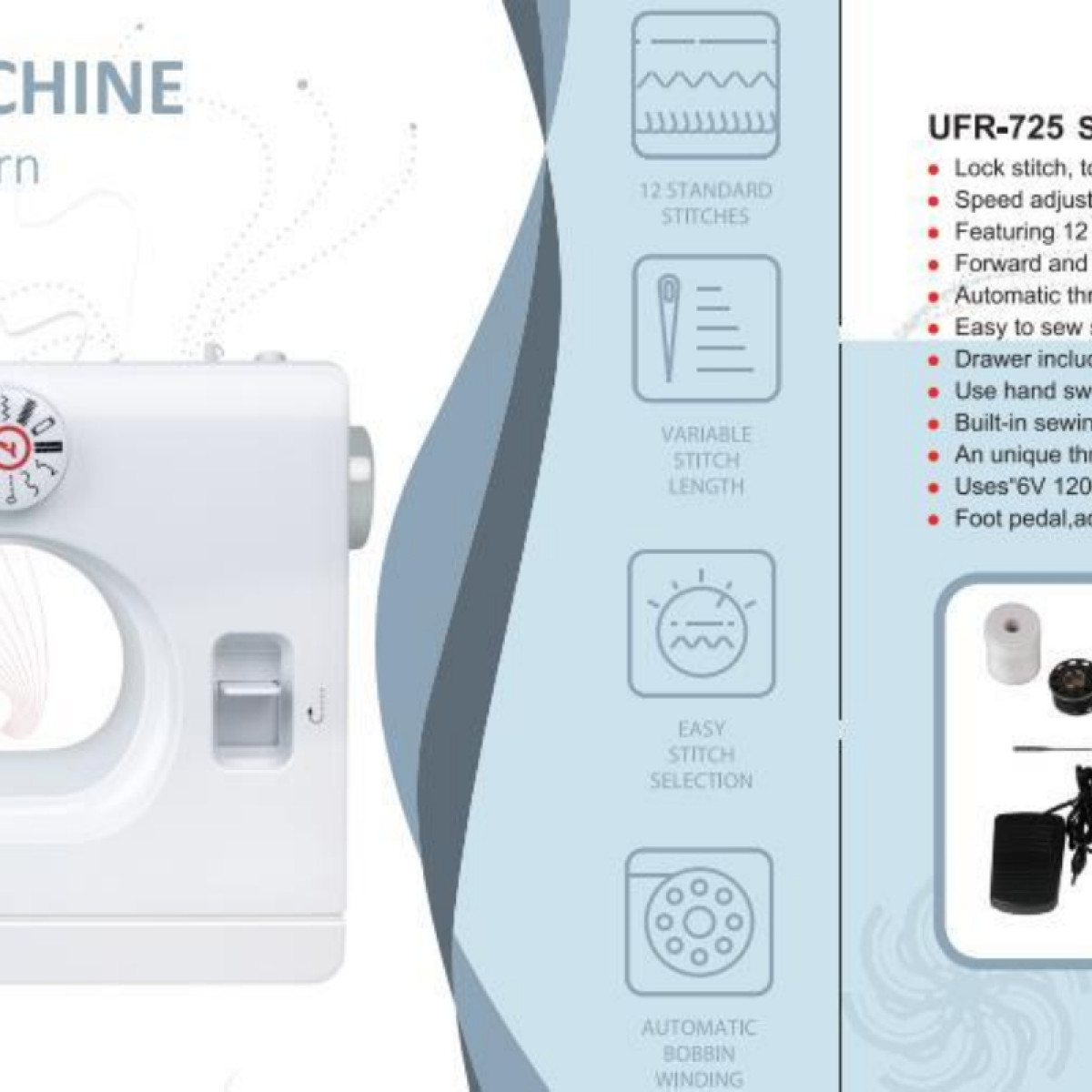 Biała maszyna do szycia z ikonami ściegów i akcesoriów.