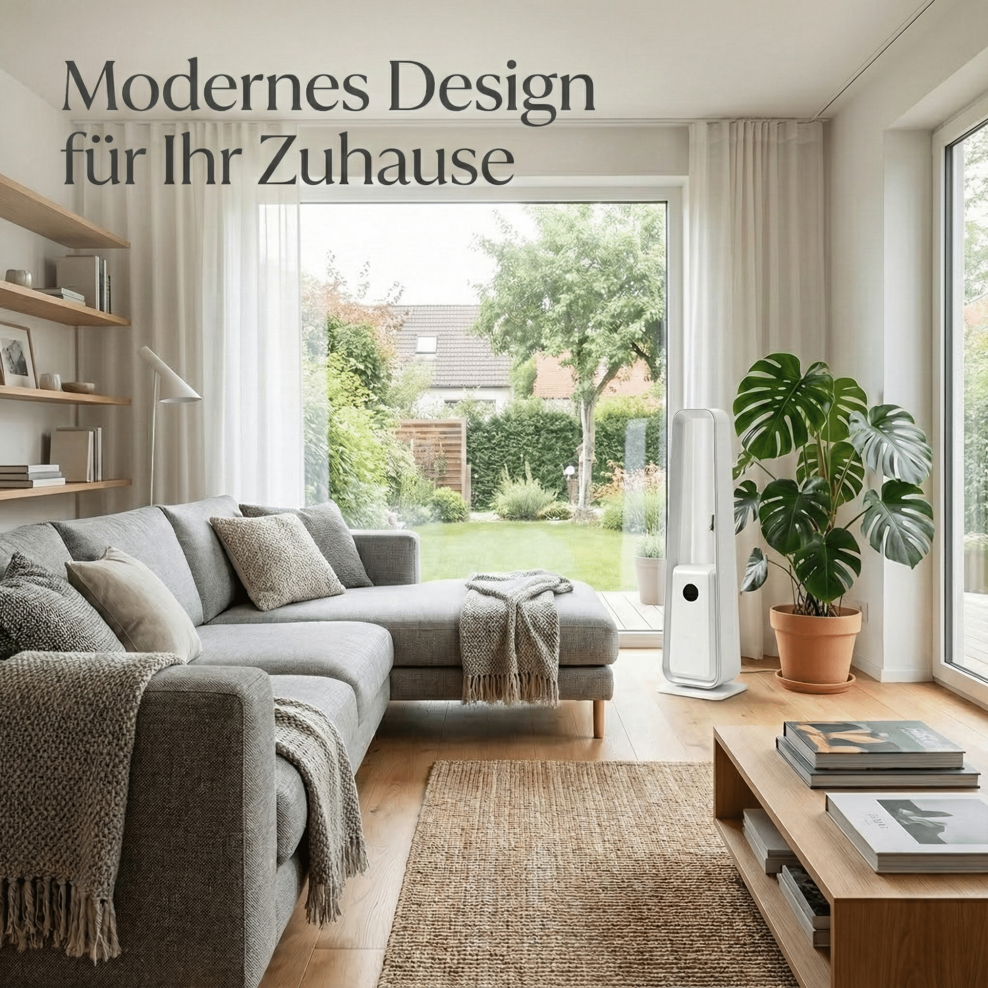 Modernes Wohnzimmer mit grauem Sofa, Teppich, Pflanze und Blick in den Garten.