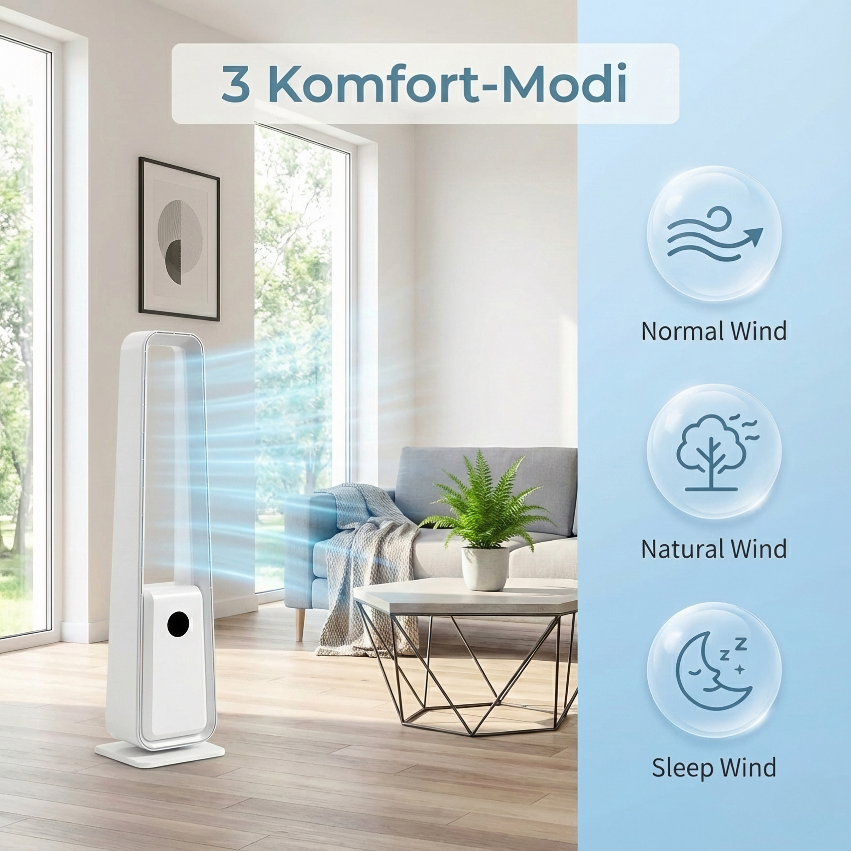 Ein weißer Turmventilator mit blauen Luftströmen in einem Wohnzimmer.