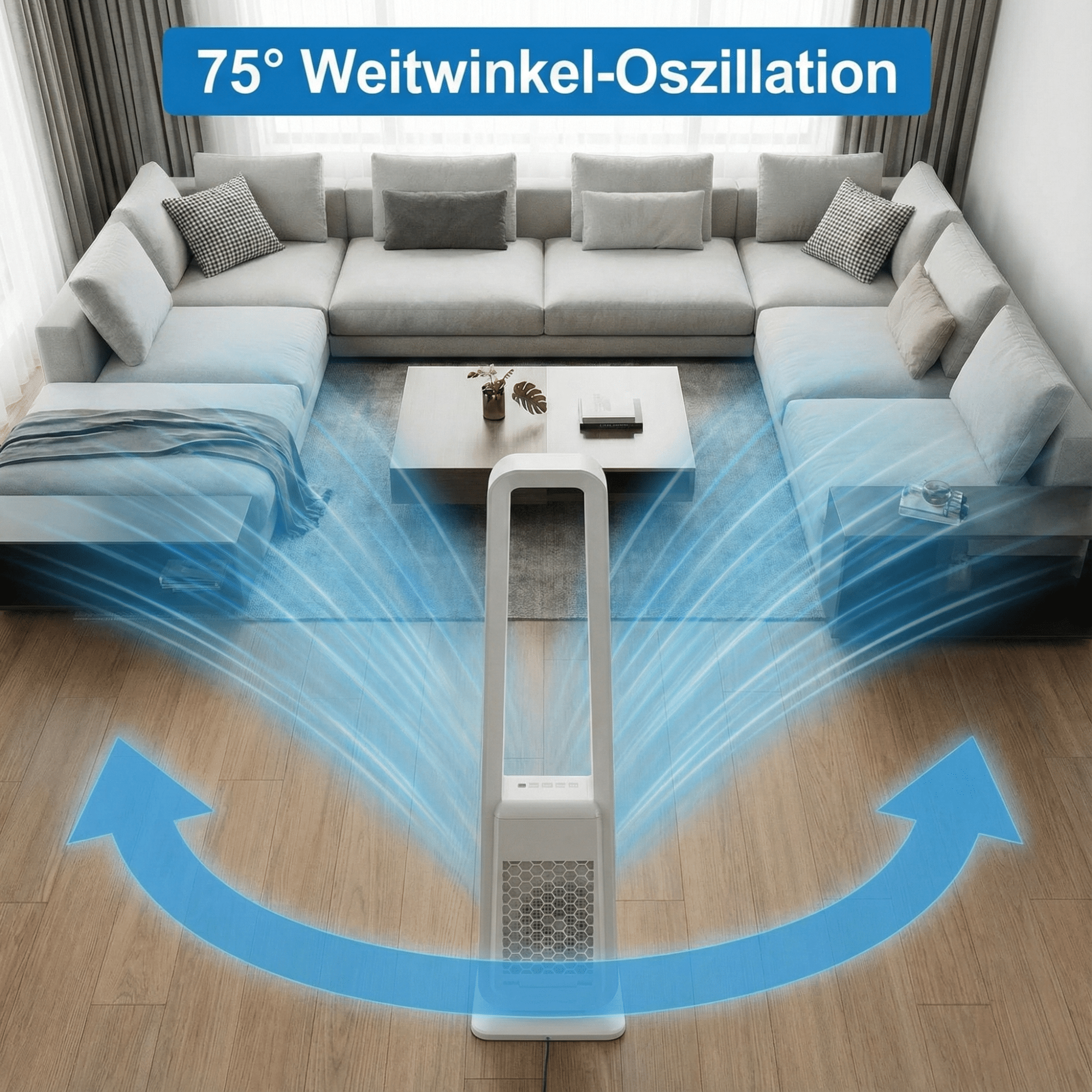Ein schlanker weißer Ventilator steht auf einem Holzboden und verteilt Luft über einen großen Wohnbereich.