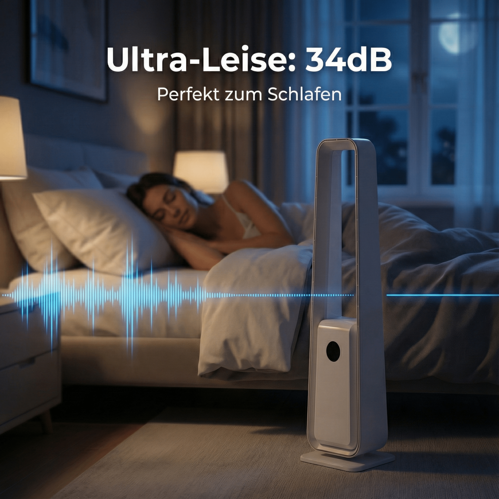 Eine Frau schläft im Bett, ein Ventilator steht daneben. Schallwellen sind sichtbar.