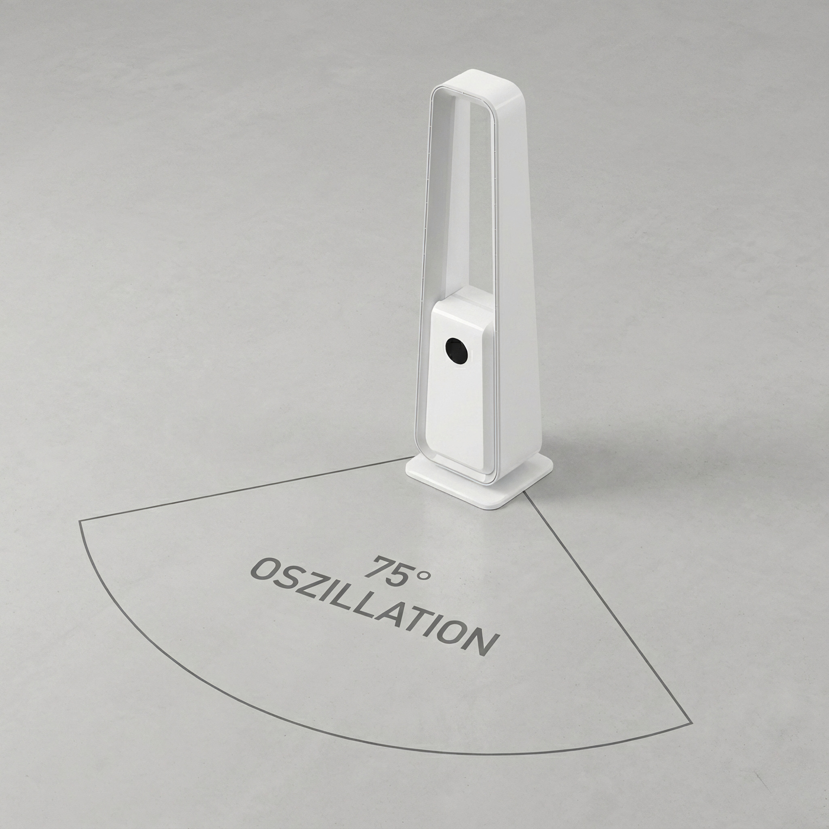 Ein weißer Turmventilator mit 75° Oszillation auf grauem Boden.